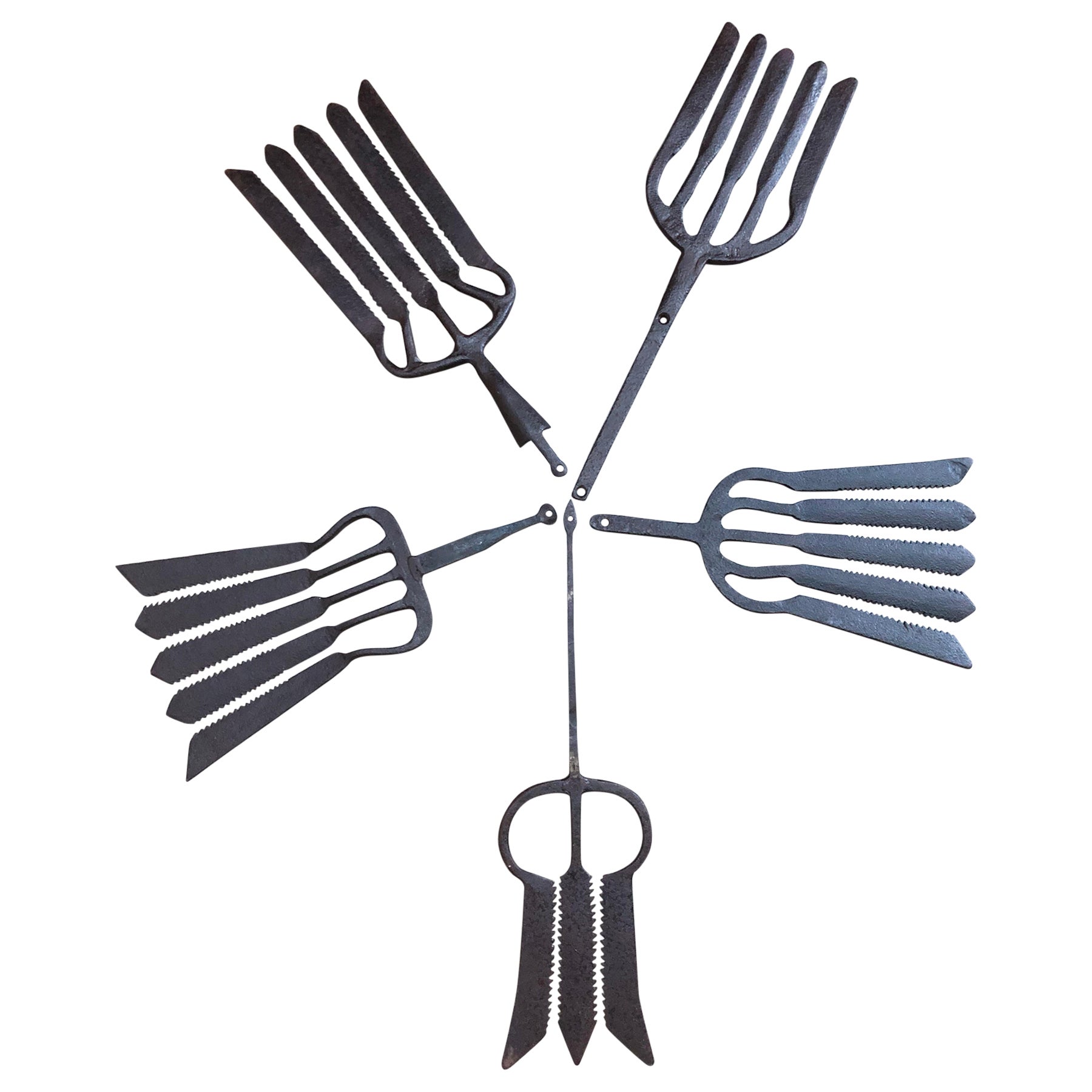 Collection of 5 Antique Wrought Iron Eel Forks For Sale