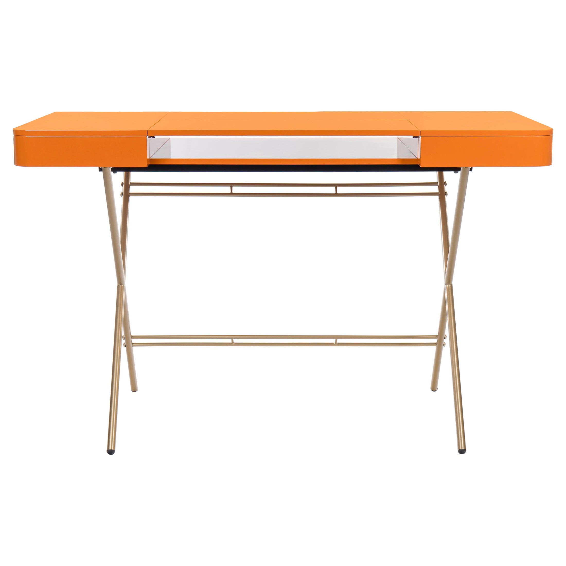 Adentro Cosimo Desk design Marco Zanuso jr Orange glossy top & golden base.  For Sale
