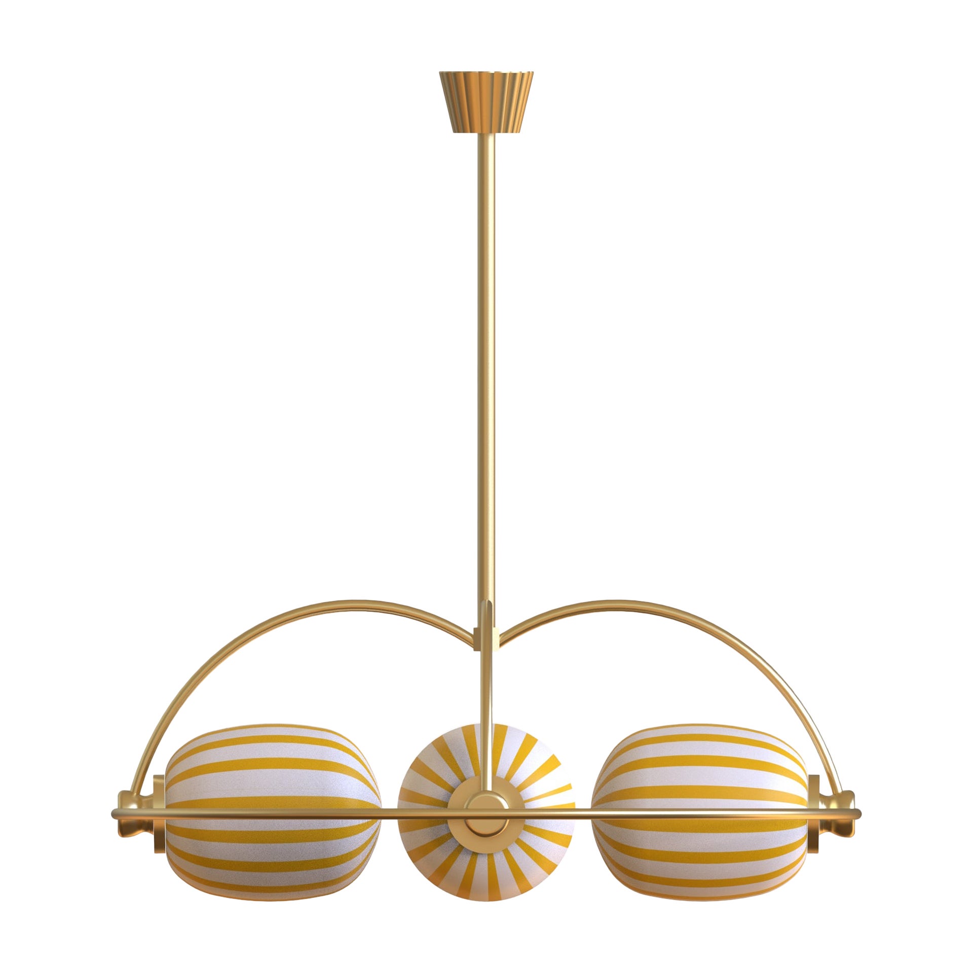 4 Module Yellow and White Bullseye Chandelier with Brass and Handblown Glass For Sale