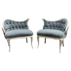 Used French Rococo Style Asymmetrical Fireside Ice Blue Mohair Chairs - Pair