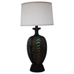 Retro 1940's Hollywood Regency Multi Color Earth Tones Glazed Table Lamp With Shade