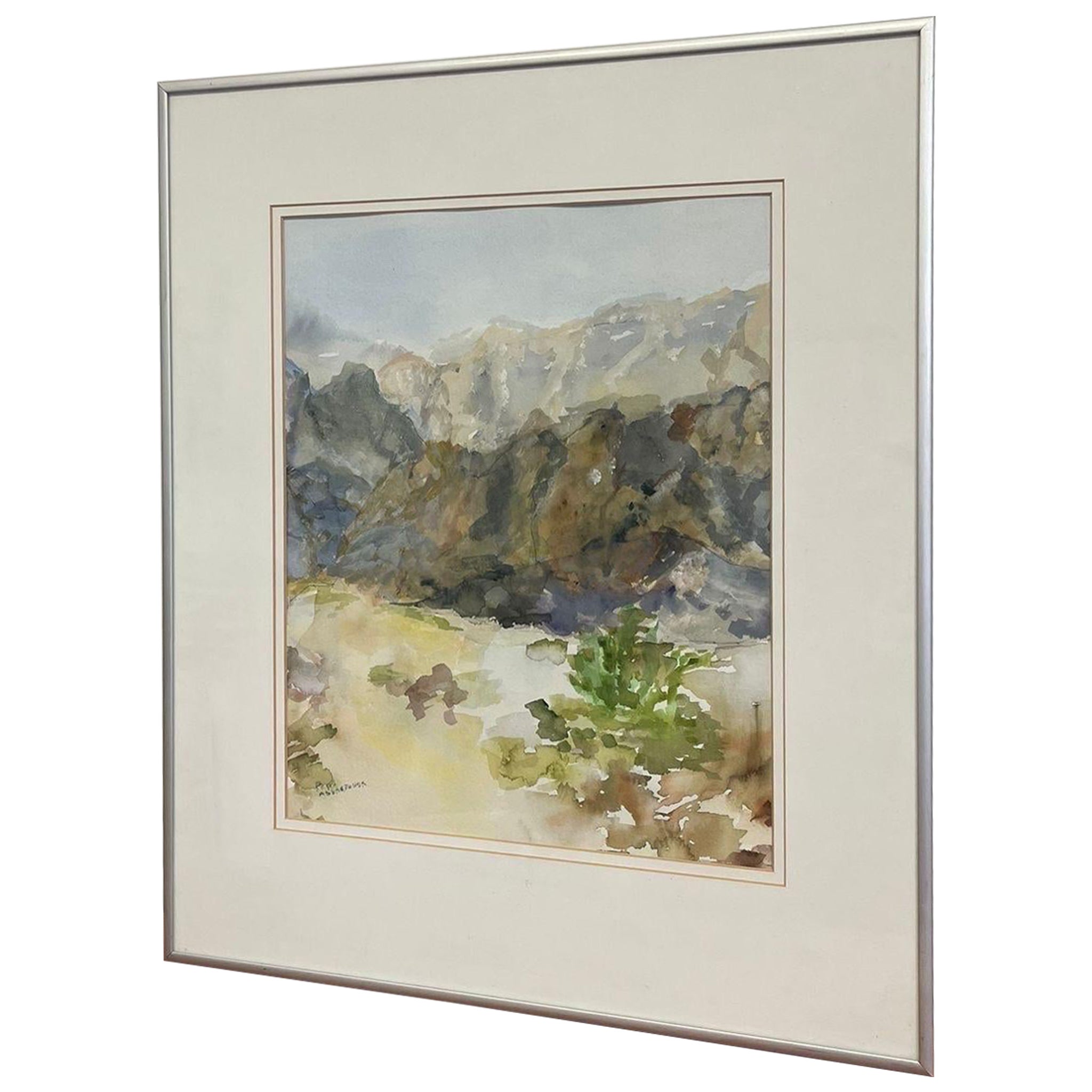 Peinture originale vintage signée d'un paysage en aquarelle encadrée.