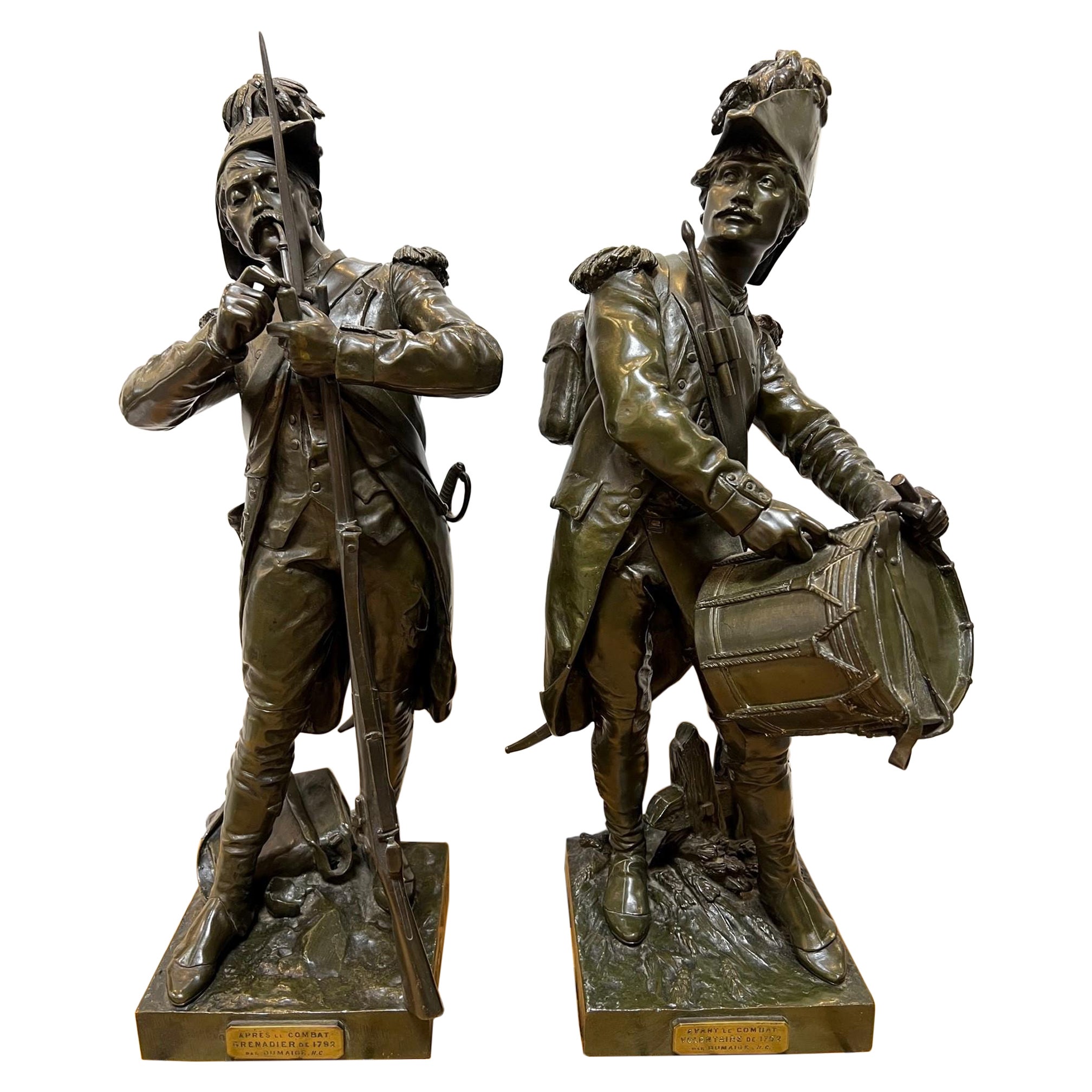 Paire de soldats militaires en bronze de la fin du XIXe siècle par Etienne Henri Dumaige 