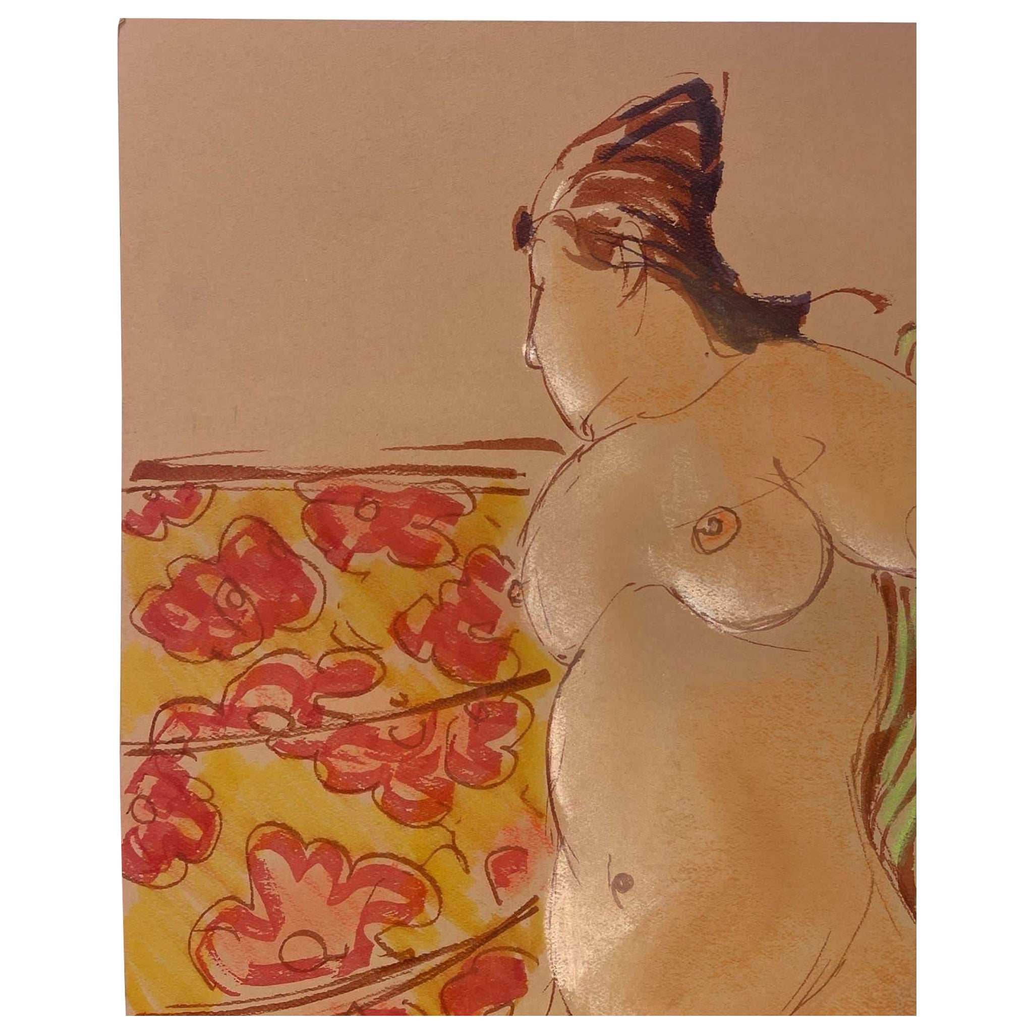 Portrait de femme nue abstraite vintage, peut-être au pastel sur papier.