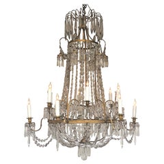 Antique English Regency Brass And Crystal Twelve Candle Chandelier