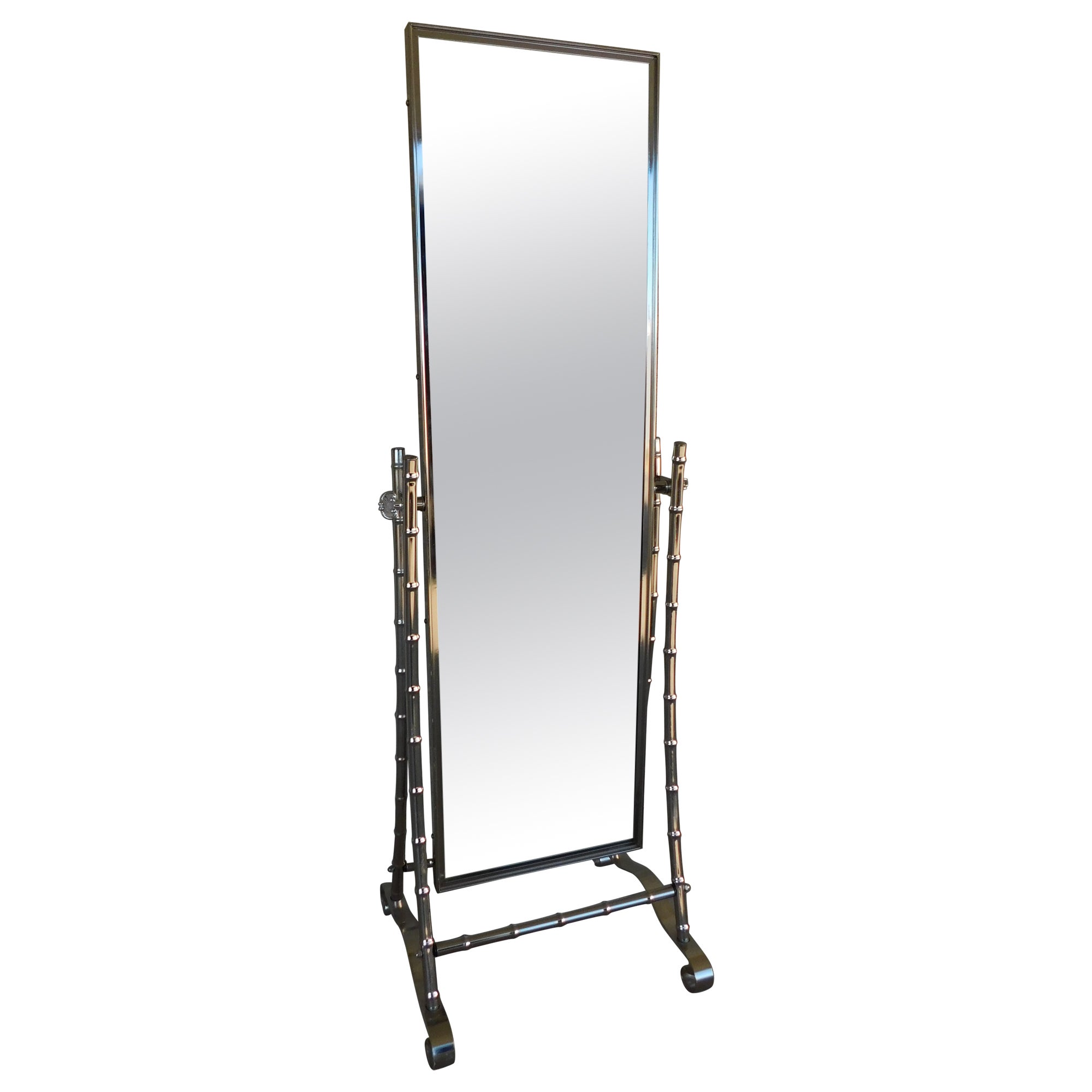 Vintage Chrome Frame Faux Bamboo Cheval Floor Mirror 64.5"H For Sale