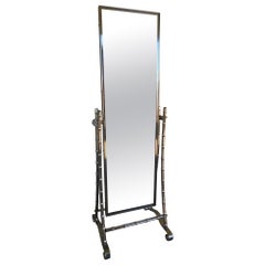 Vintage Chrome Frame Faux Bamboo Cheval Floor Mirror 64.5"H