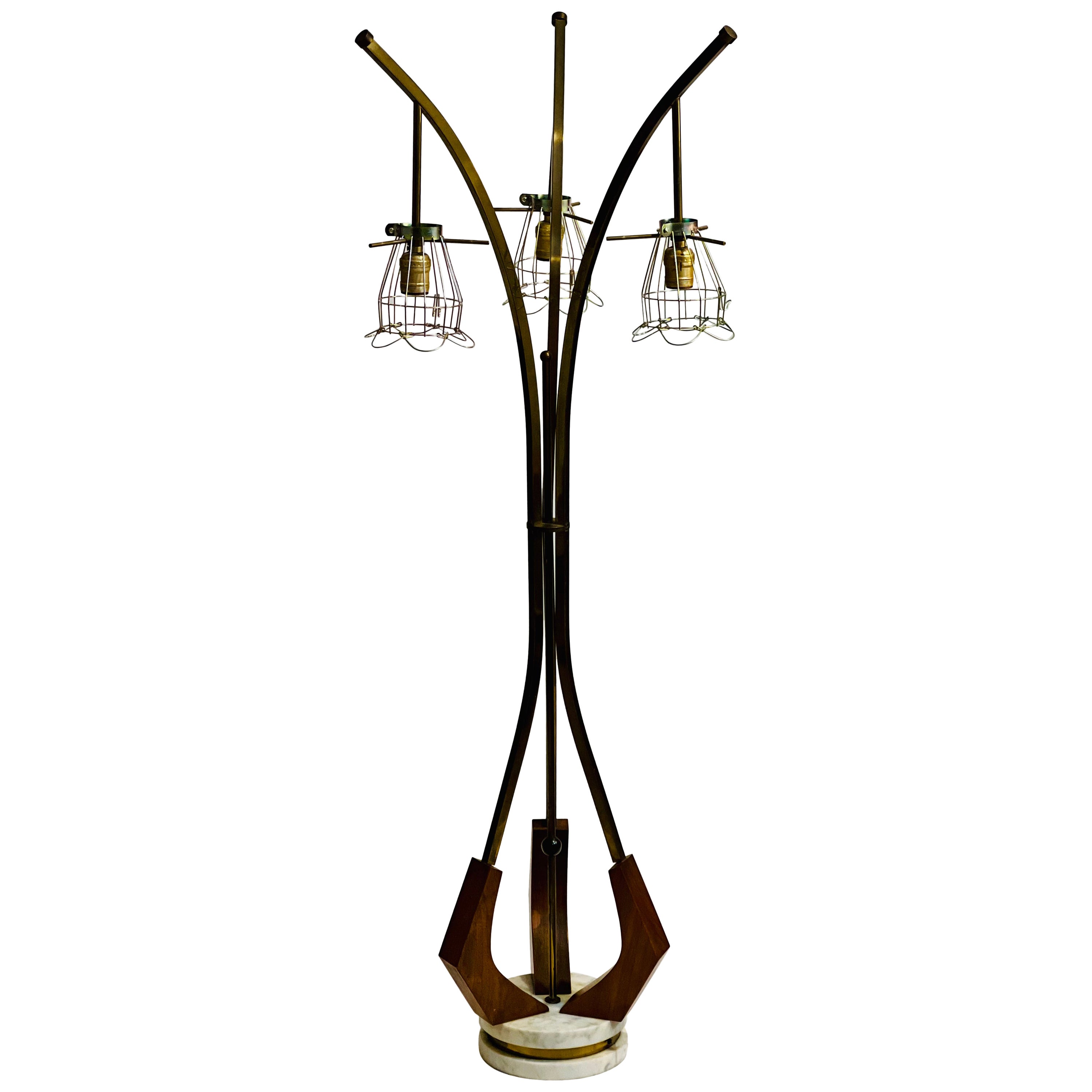 Vintage Danish Modern Organic Form Three-Light Teak and Brass Floor Lamp For Sale