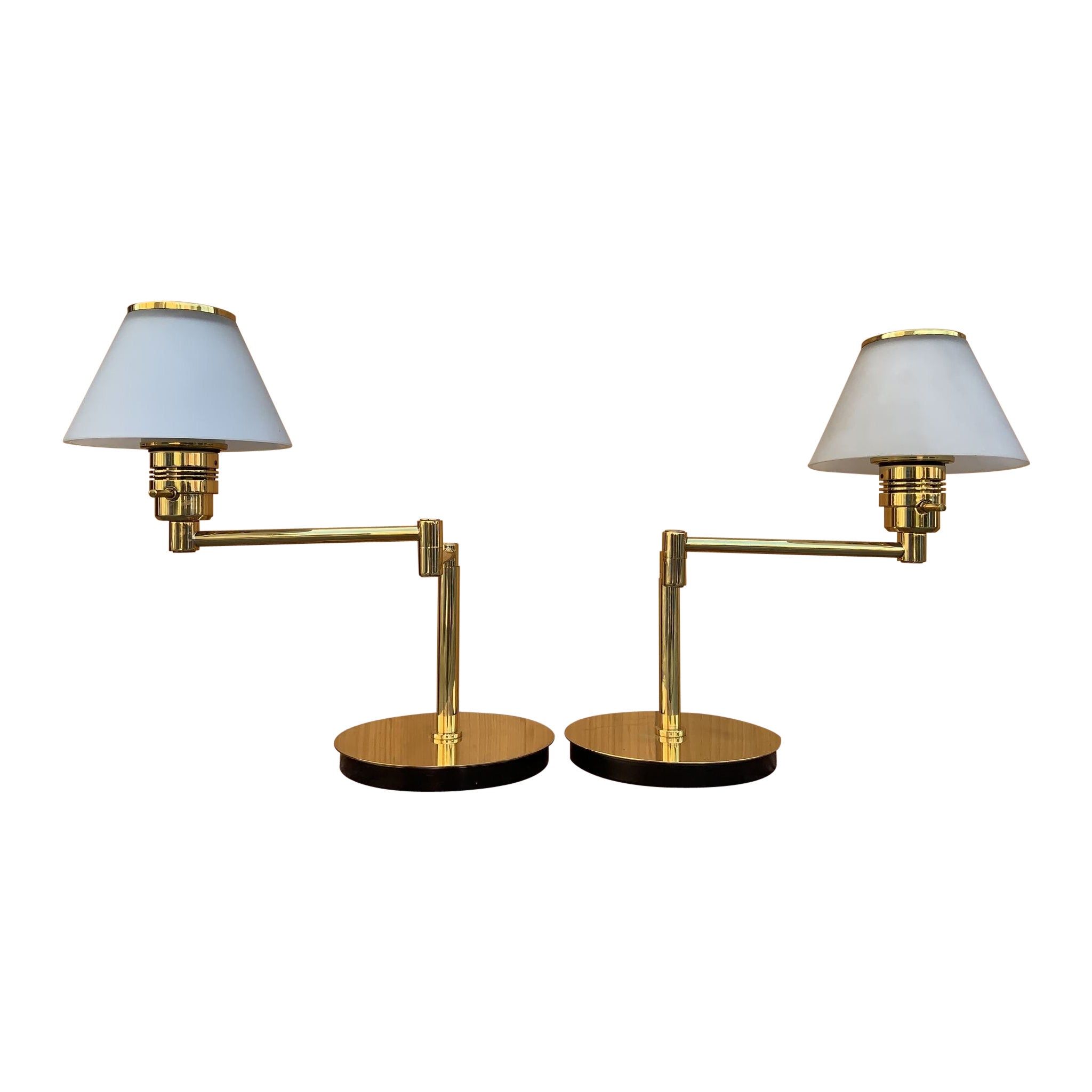 Vintage Modern Brass Swing Arm Reading Table Lamp with Glass Shades - Pair  For Sale