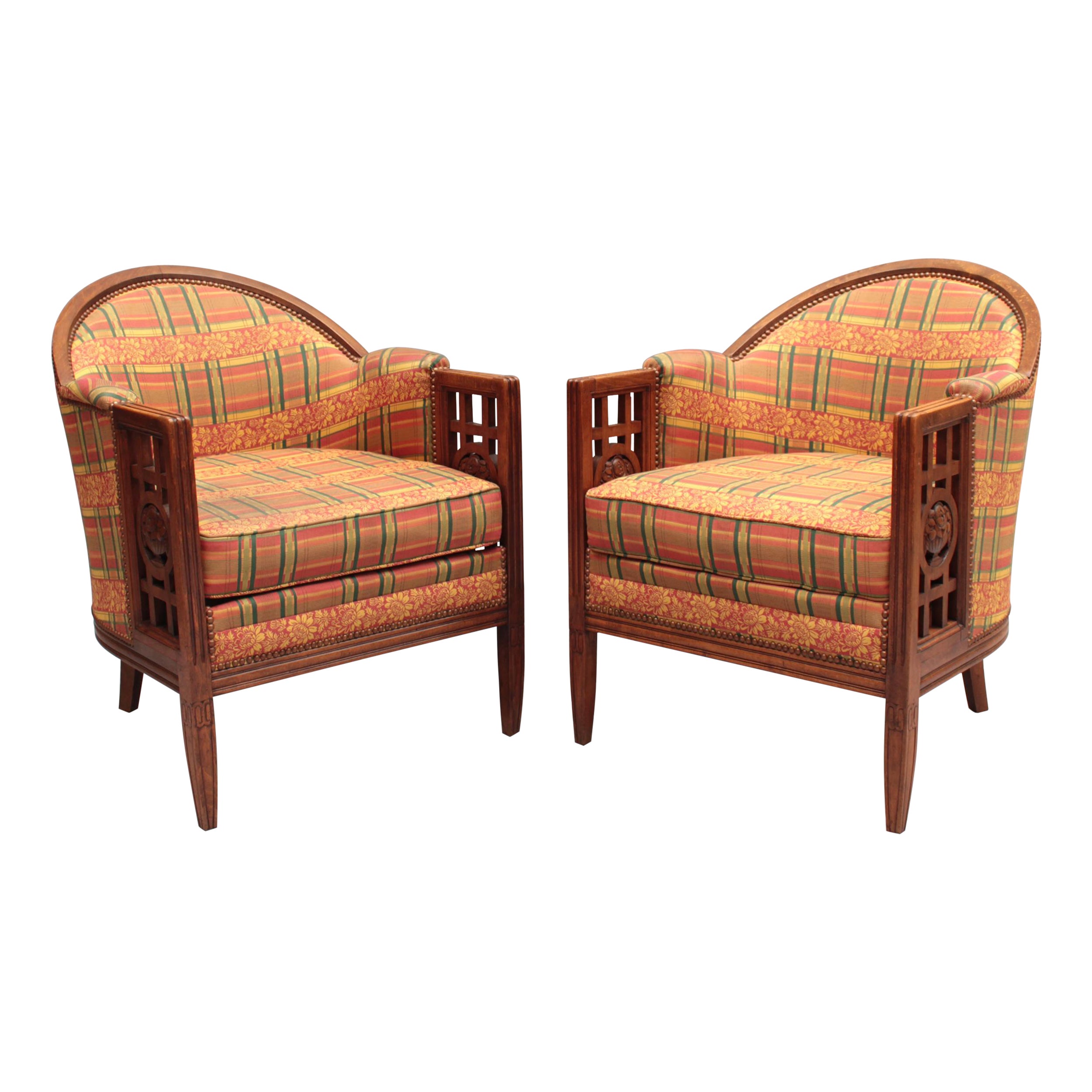 Pair of Fine French Art Deco Mahogany Armchairs by Paul Follot For Sale