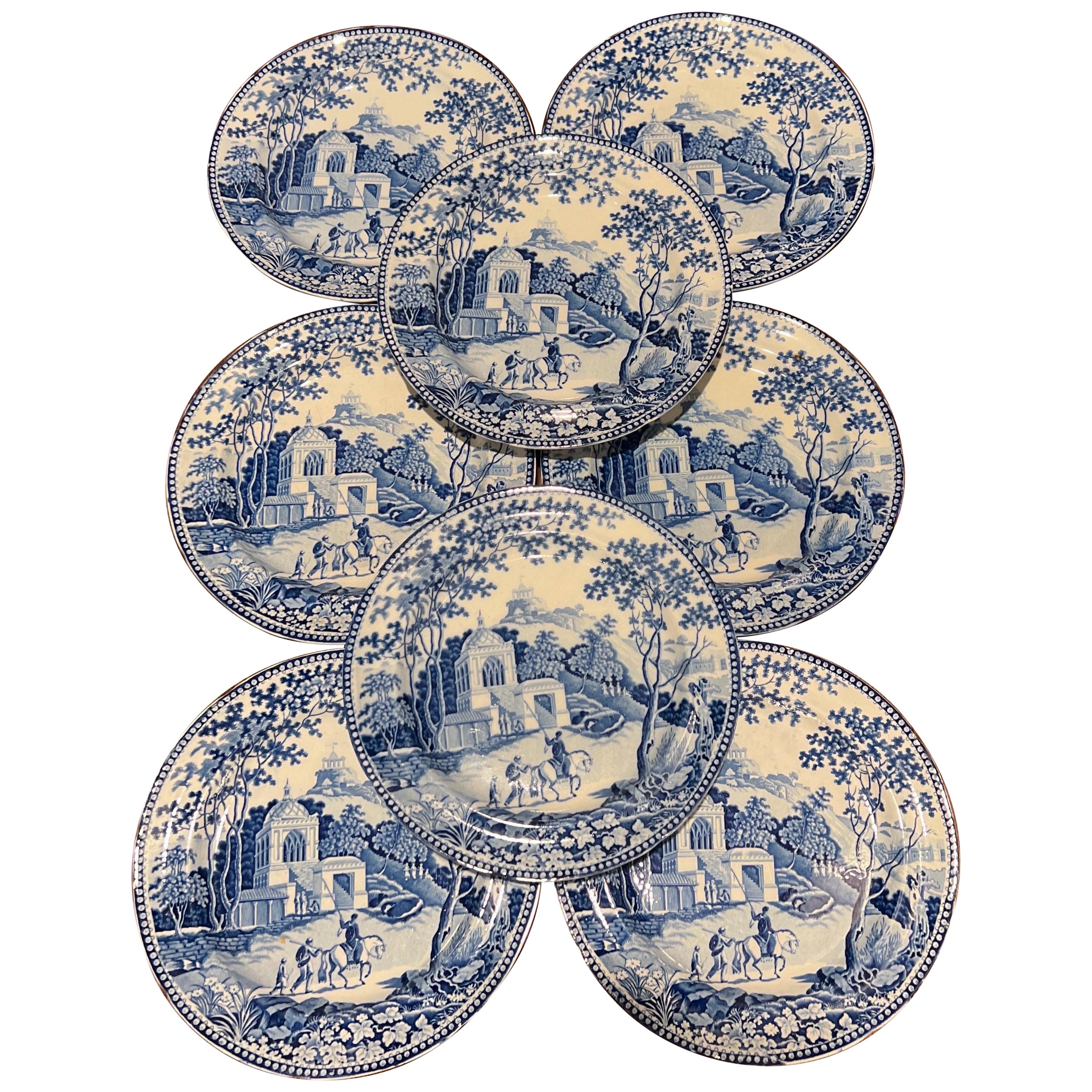 Set of 8, John Rogers Staffordshire "Musketeers" Pattern Dinner Plates C. 1820 For Sale