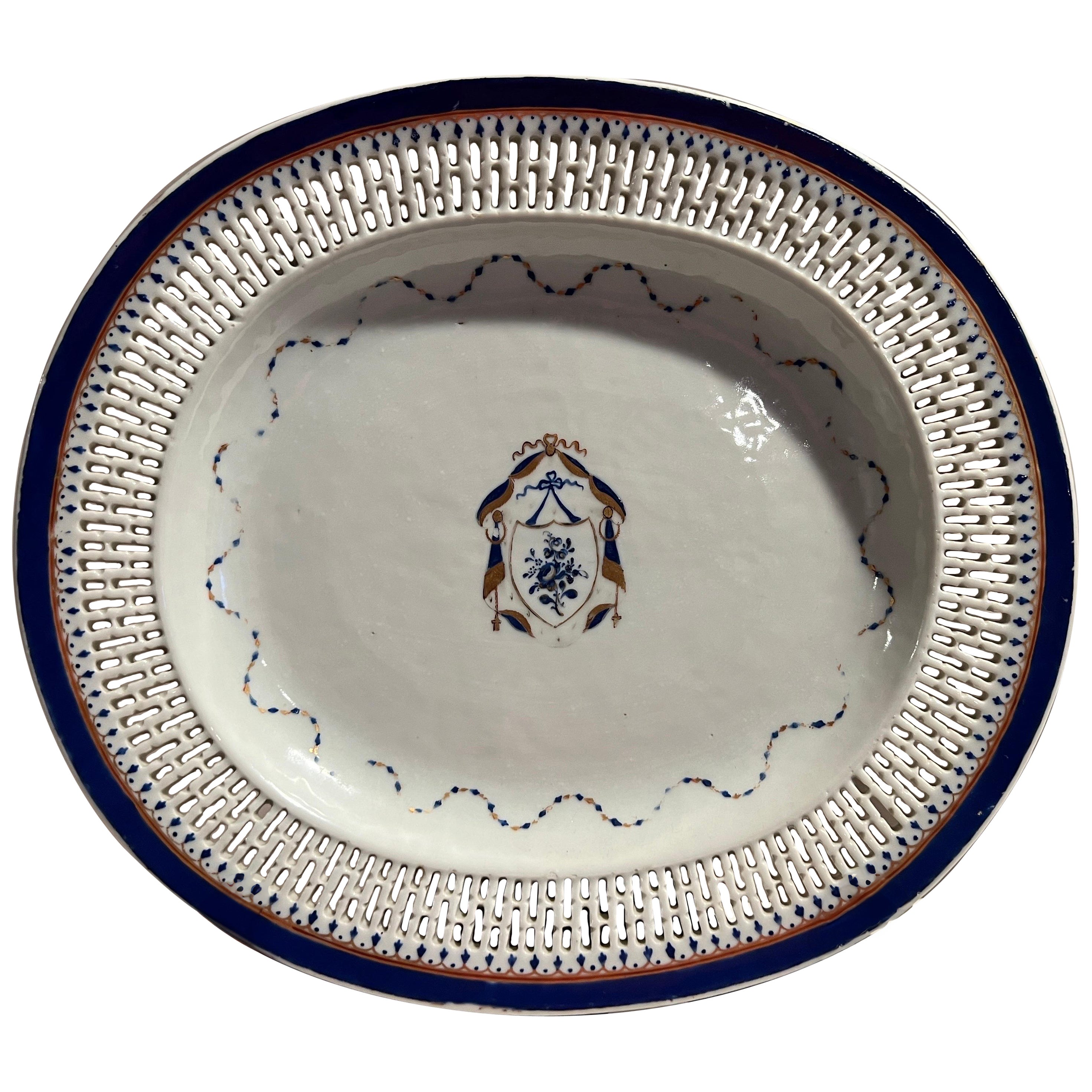 19th Century, Chinese Export Blue & White Armorial Pierced Platter For Sale
