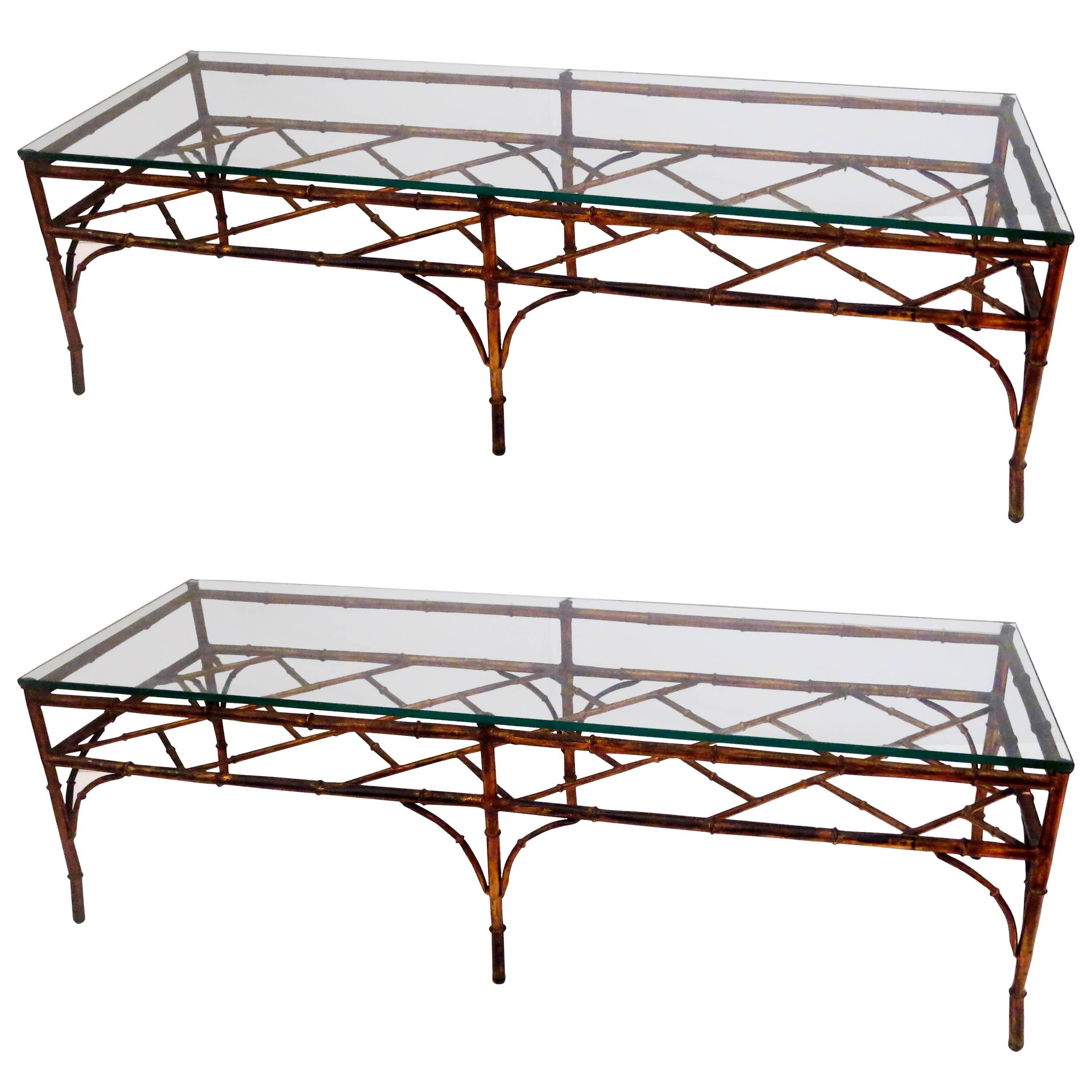 Hollywood Regency Faux Bamboo Gold Gilt Metal Rectangular Coffee Table