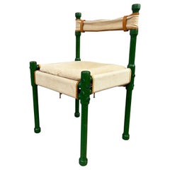 Mid-Century Dining Safari Chair Green, Wood, Leather & Linen, 1970s, Scandinavia