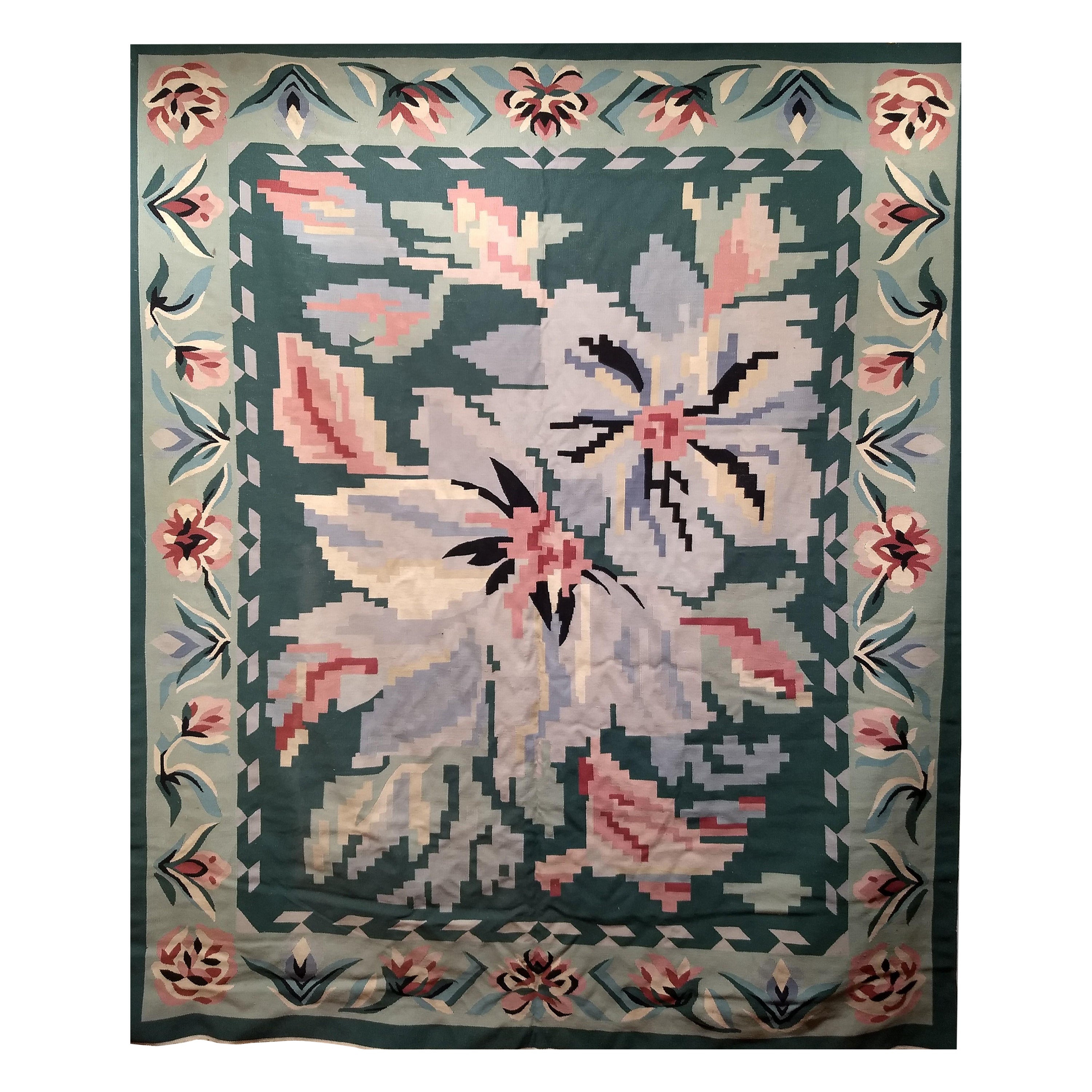 Vintage Square Size Kilim in Floral Pattern in Pastel Colors Green, Ivory, Pink For Sale