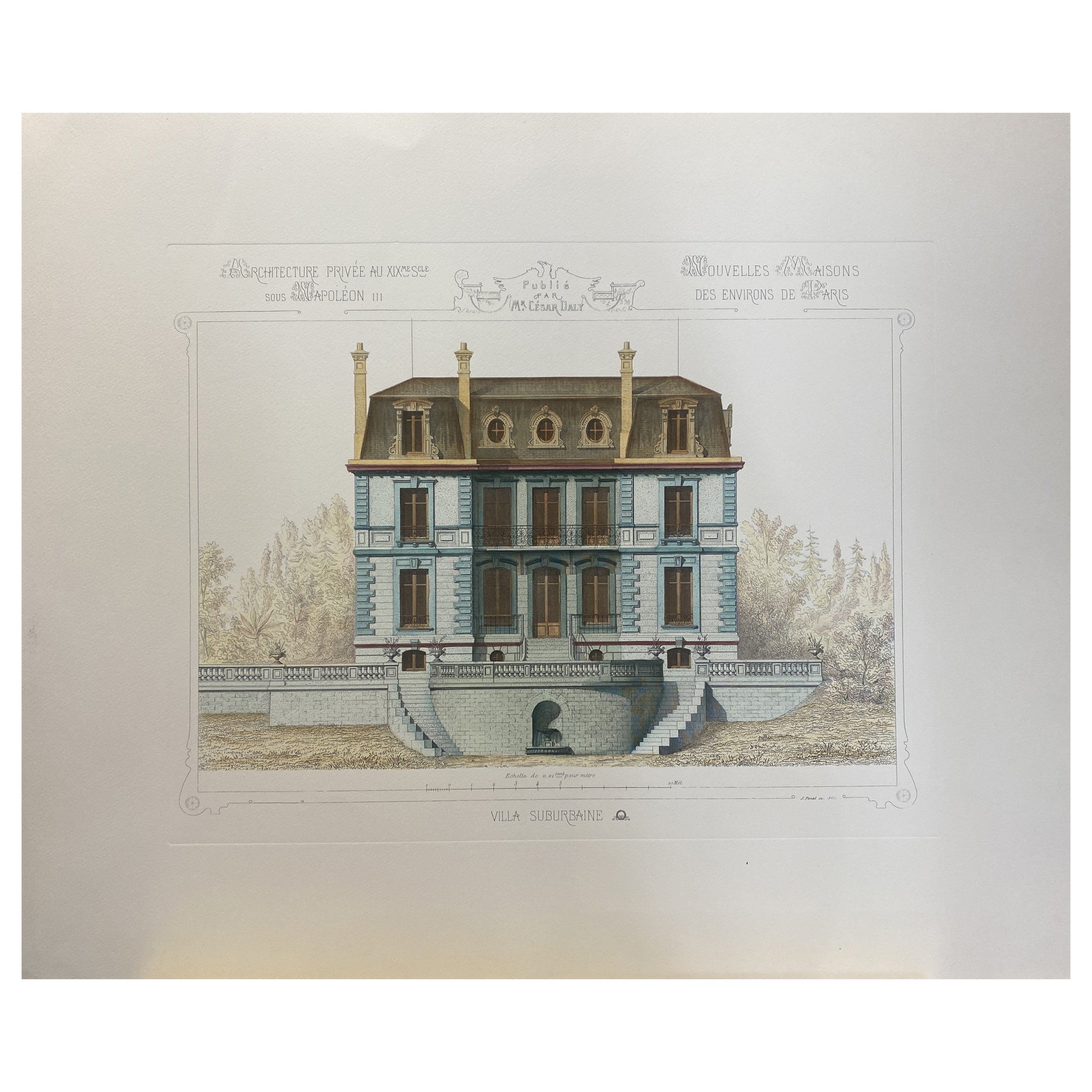 Italian French Architecture Priveè by Cesar Daly Hand Painted Print 1 of 2 For Sale