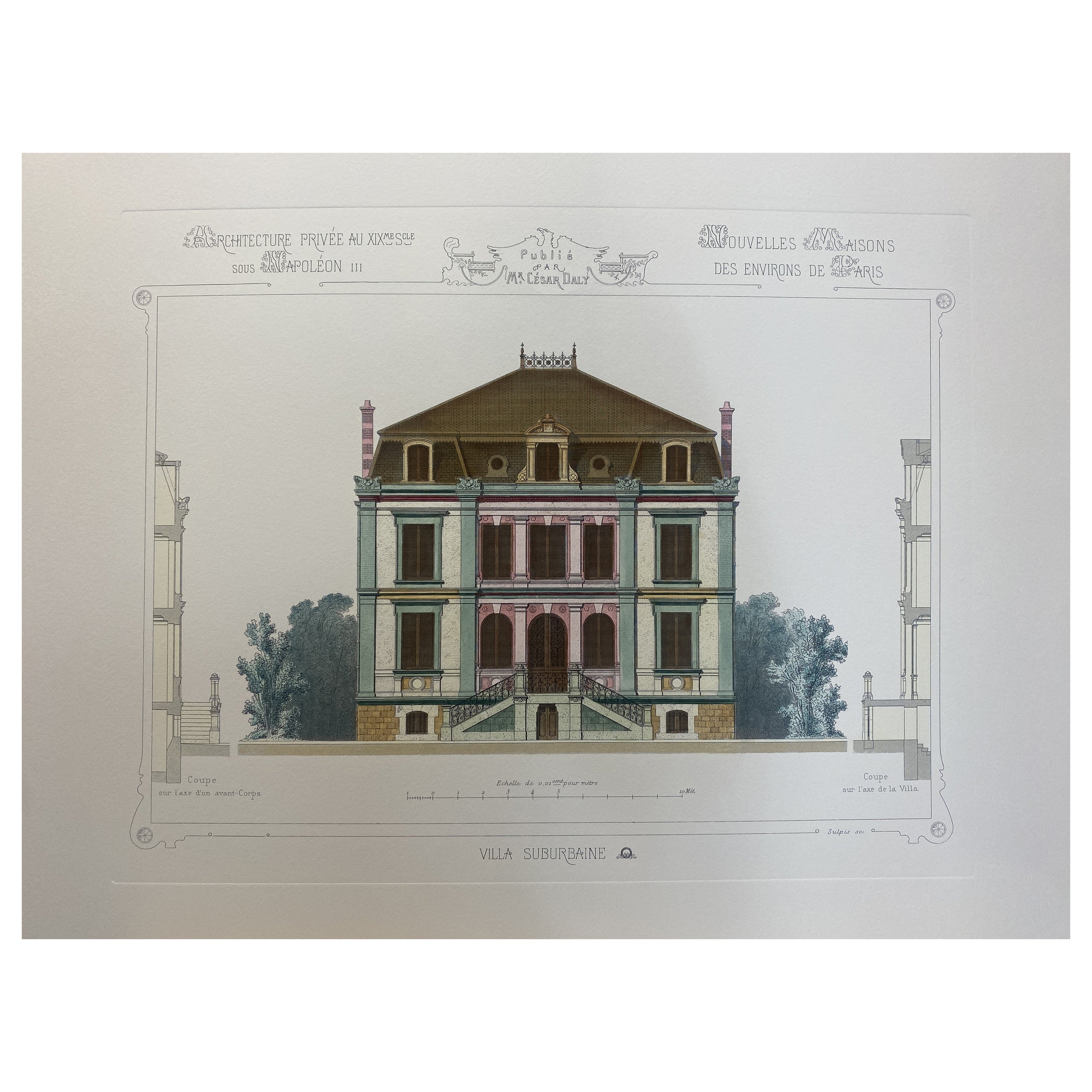 Italian French Architecture Priveè by Cesar Daly Hand Painted Print 2 of 2 For Sale