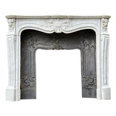 Louis XV Style Fireplace In Carrara Marble, Cast Iron Hearth, 19th Century