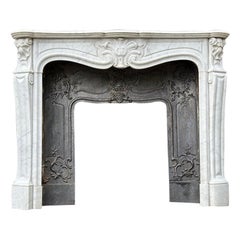 Used Louis XV Style Fireplace In Carrara Marble, Cast Iron Hearth, 19th Century