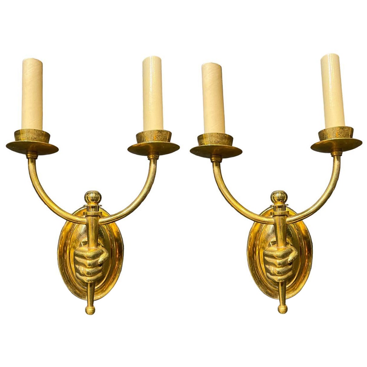 Pair 1930’s French Gilt Bronze Double Light Sconces with Arm For Sale