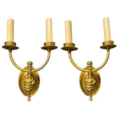 Pair 1930’s French Gilt Bronze Double Light Sconces with Arm
