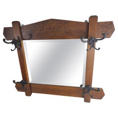 Antique Arts & Crafts Mission Oak Beveled Glass Wall Mirror with Iron Coat Hooks