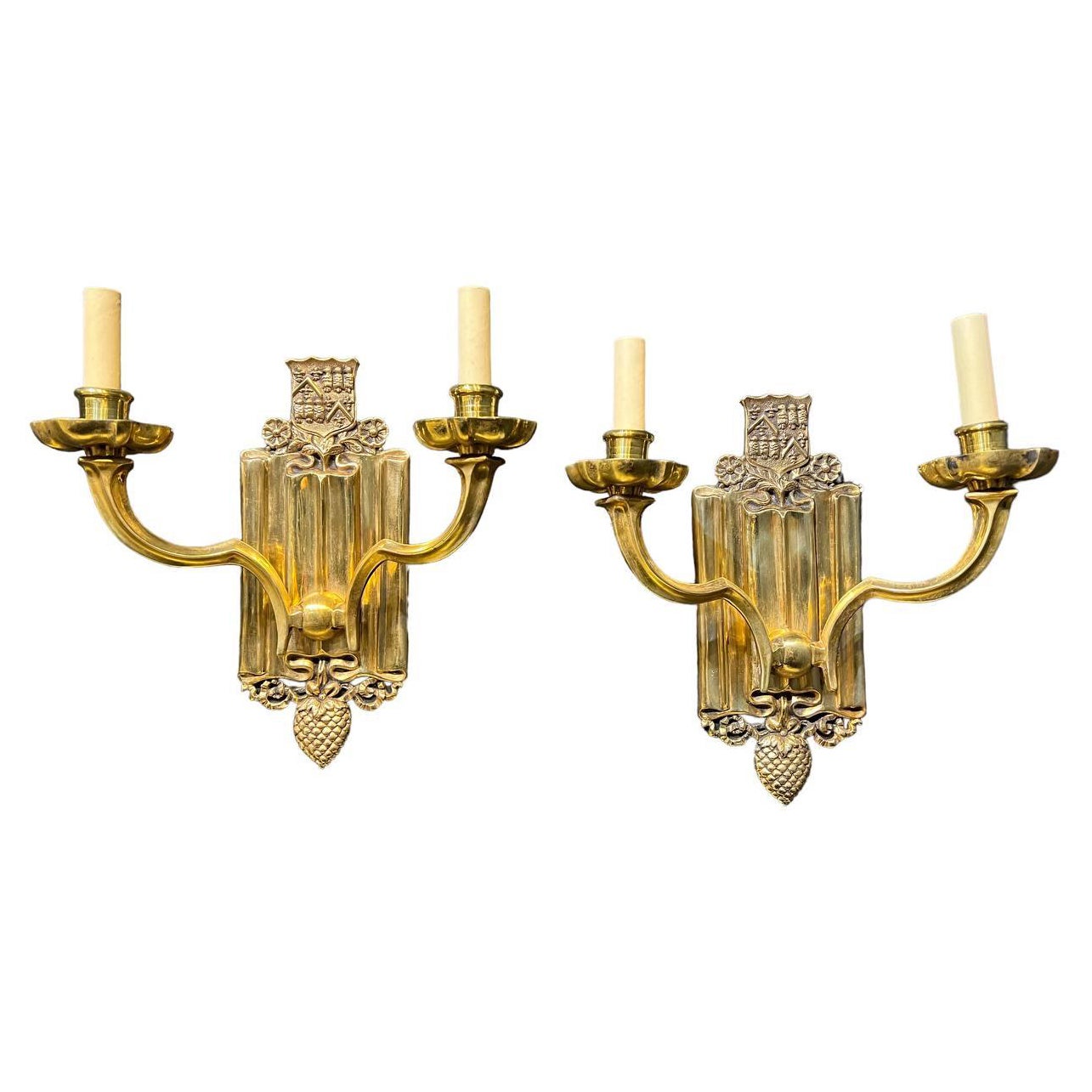 1920’s Caldwell Gilt Bronze Sconces with Shield design  For Sale