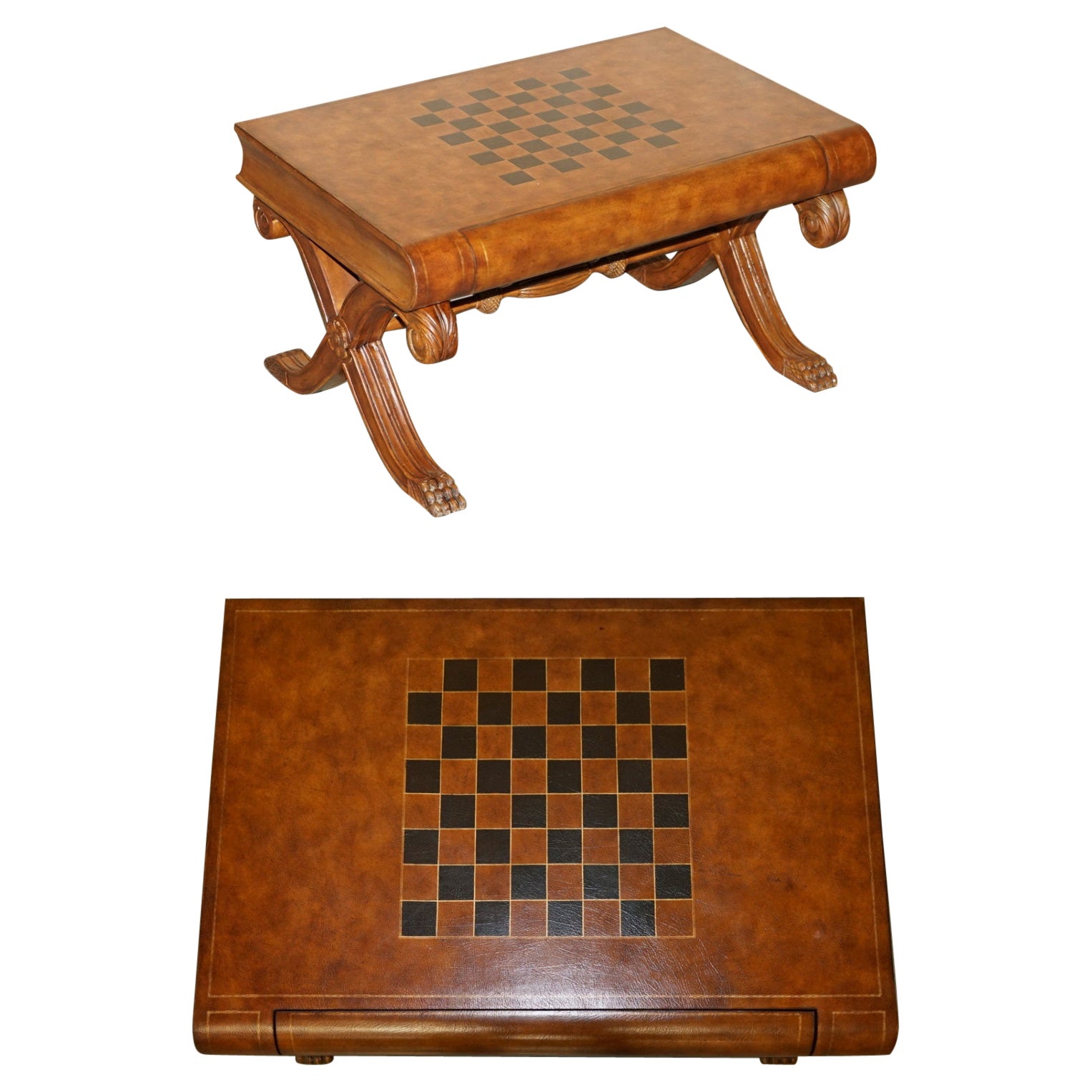STUNNiNG HAND DYED BROWN LEATHER SCHOLARS BOOK CHESSBOARD CHESS COFFEE TABLE For Sale