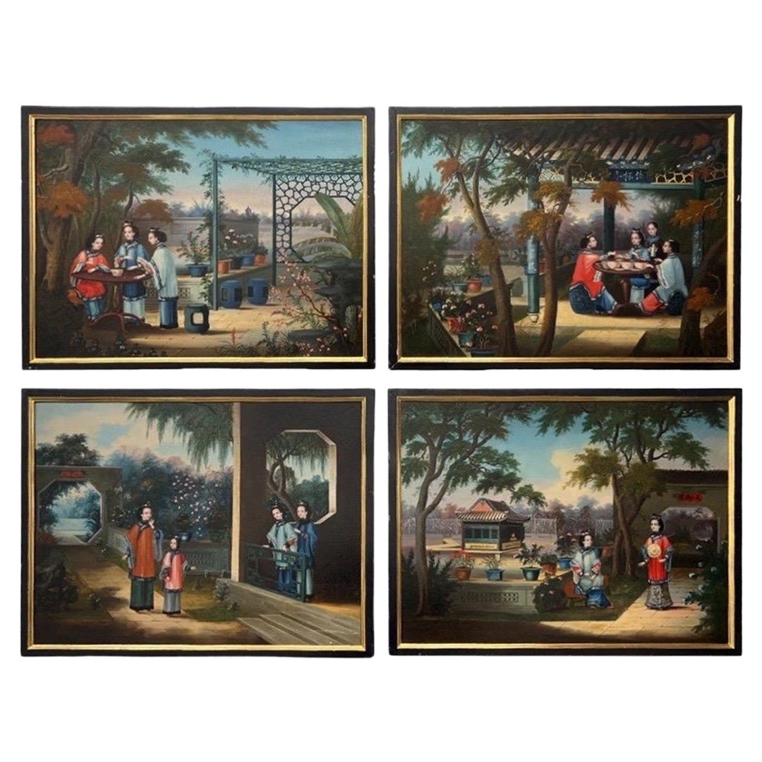 (4) Chinese Export Oil on Canvas Exterior Scenes C. 1840 National Gallery Prov. For Sale