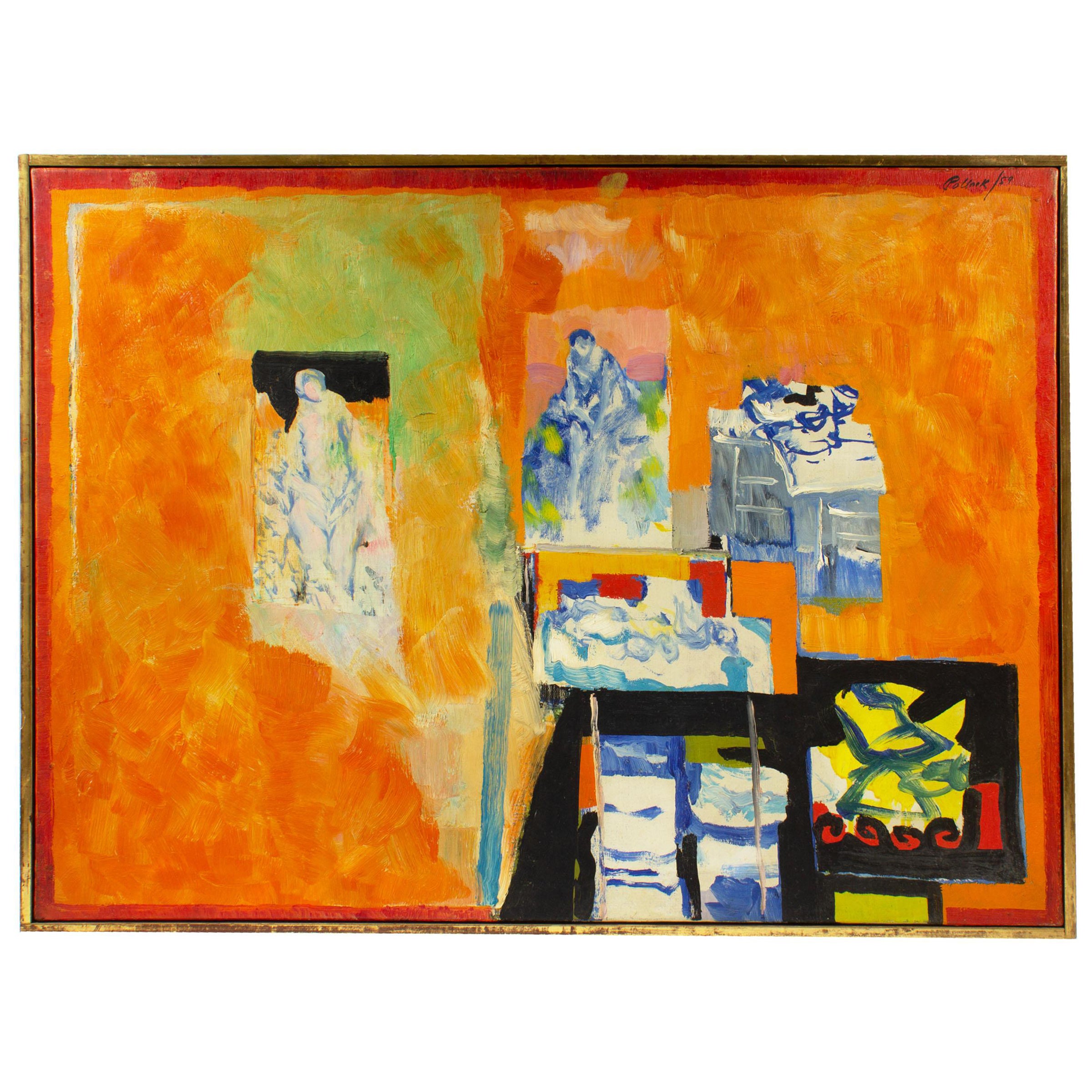 Reginald Murray Pollack Signed 1959 Oil on Canvas Abstract Painting of an Interi For Sale