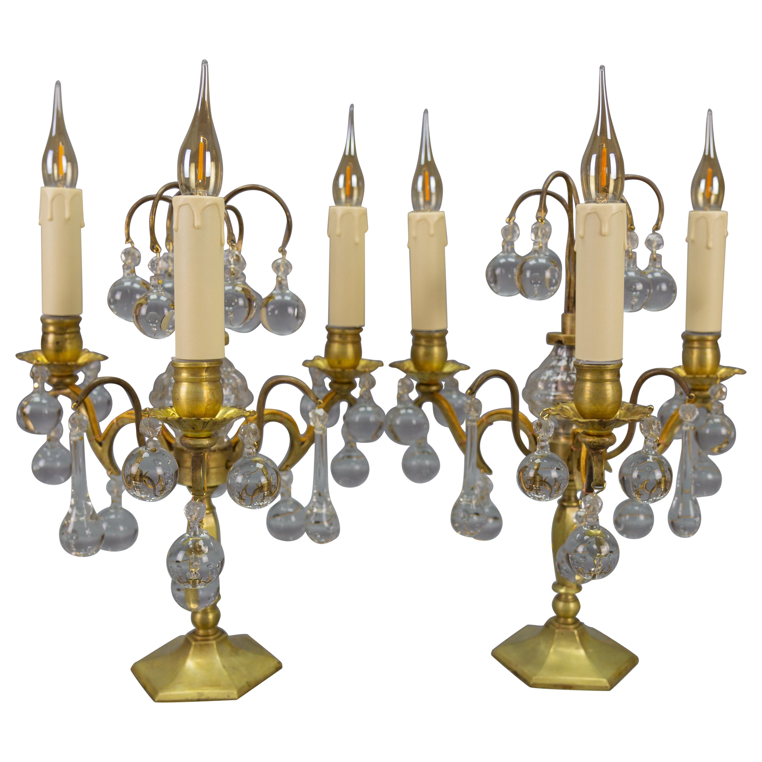 Pair of French Early 20th Century Brass and Crystal Girandoles Table Lamps For Sale