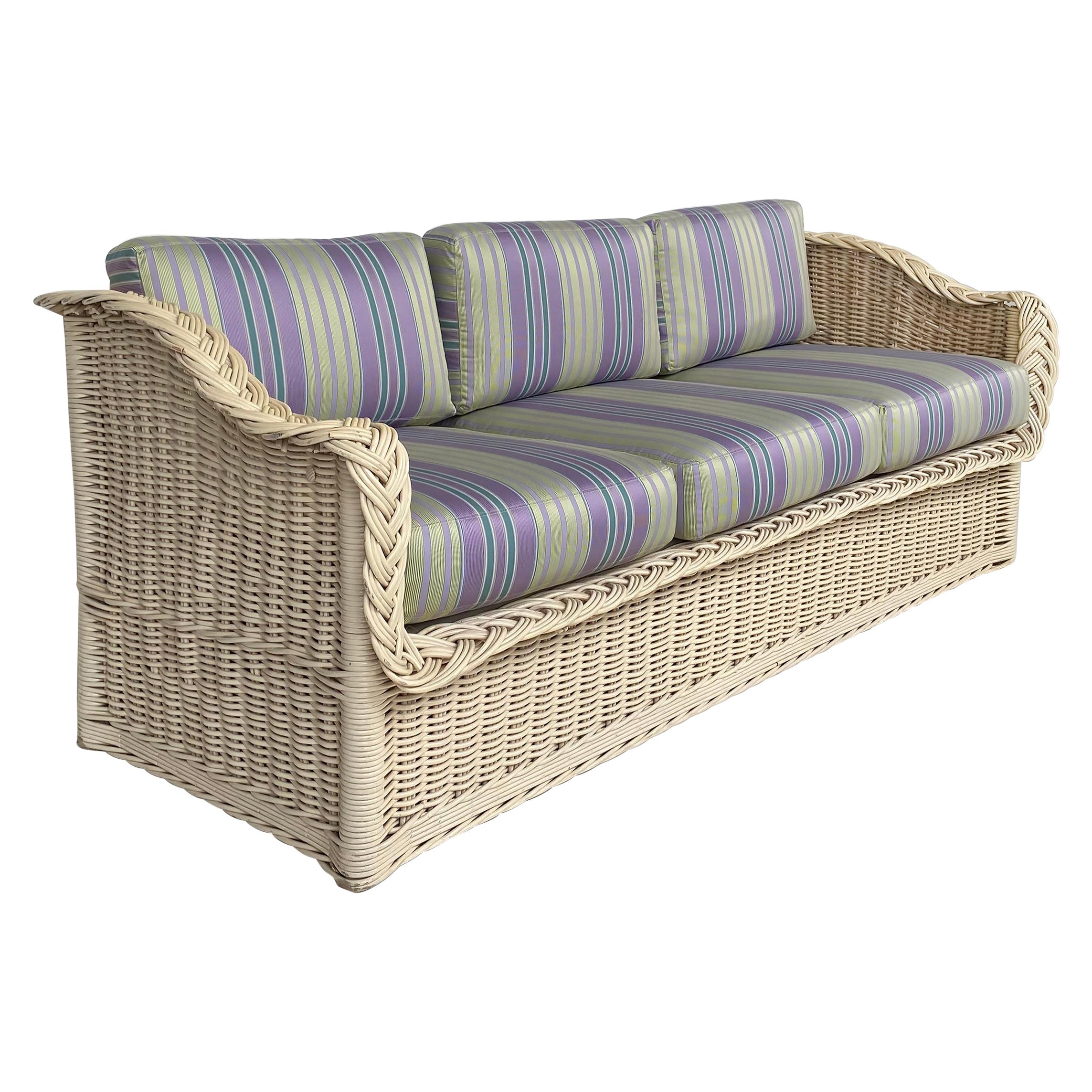 Henry Link Newly Upholstered Painted Coastal Rattan Sofa  For Sale