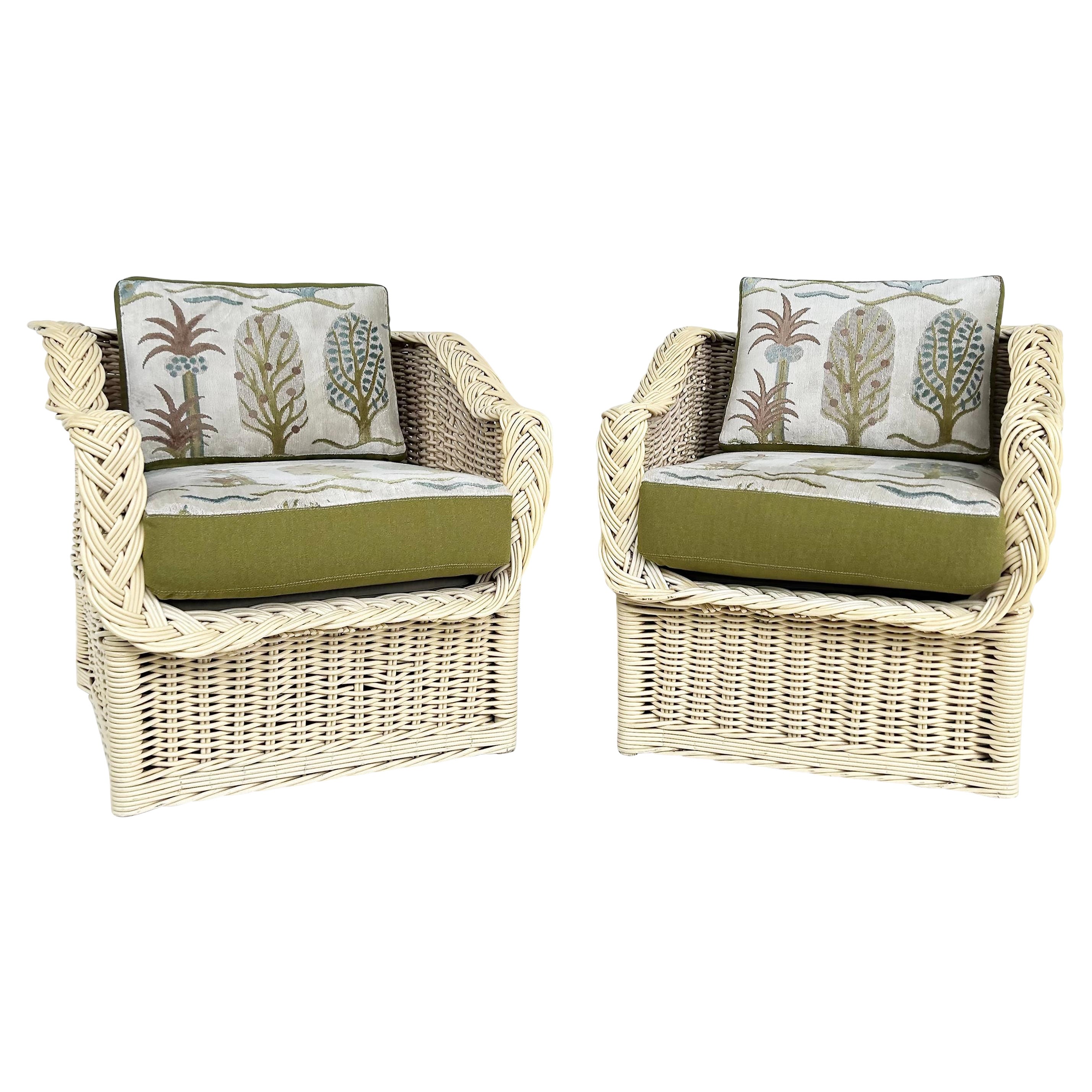 Henry Link Coastal Newly Upholstered Rattan Club Chairs, Painted Pair For Sale