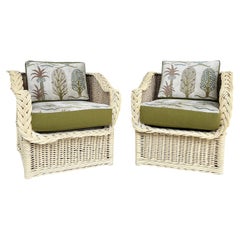Retro Henry Link Coastal Newly Upholstered Rattan Club Chairs, Painted Pair