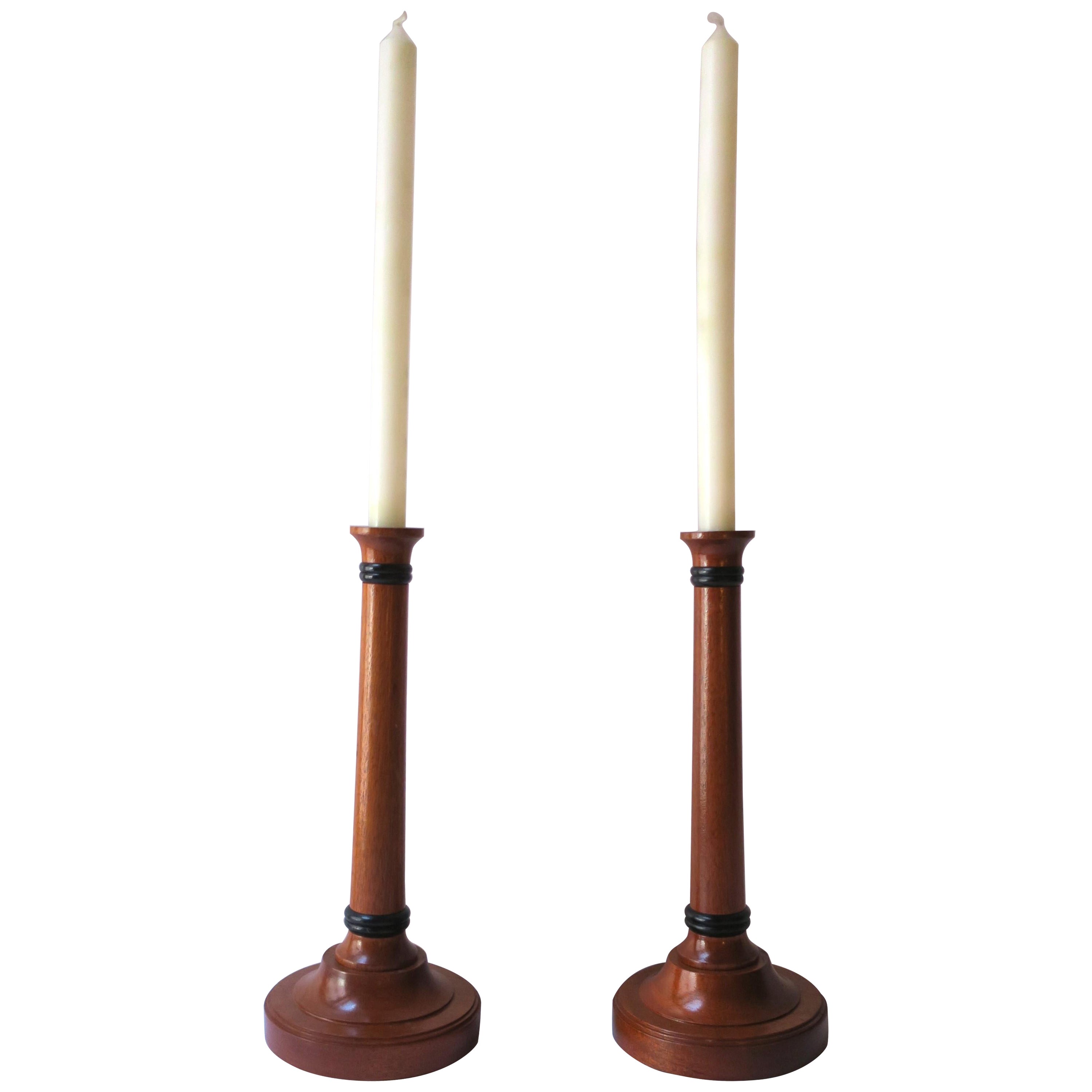 English Wood Candlesticks Holders, Pair