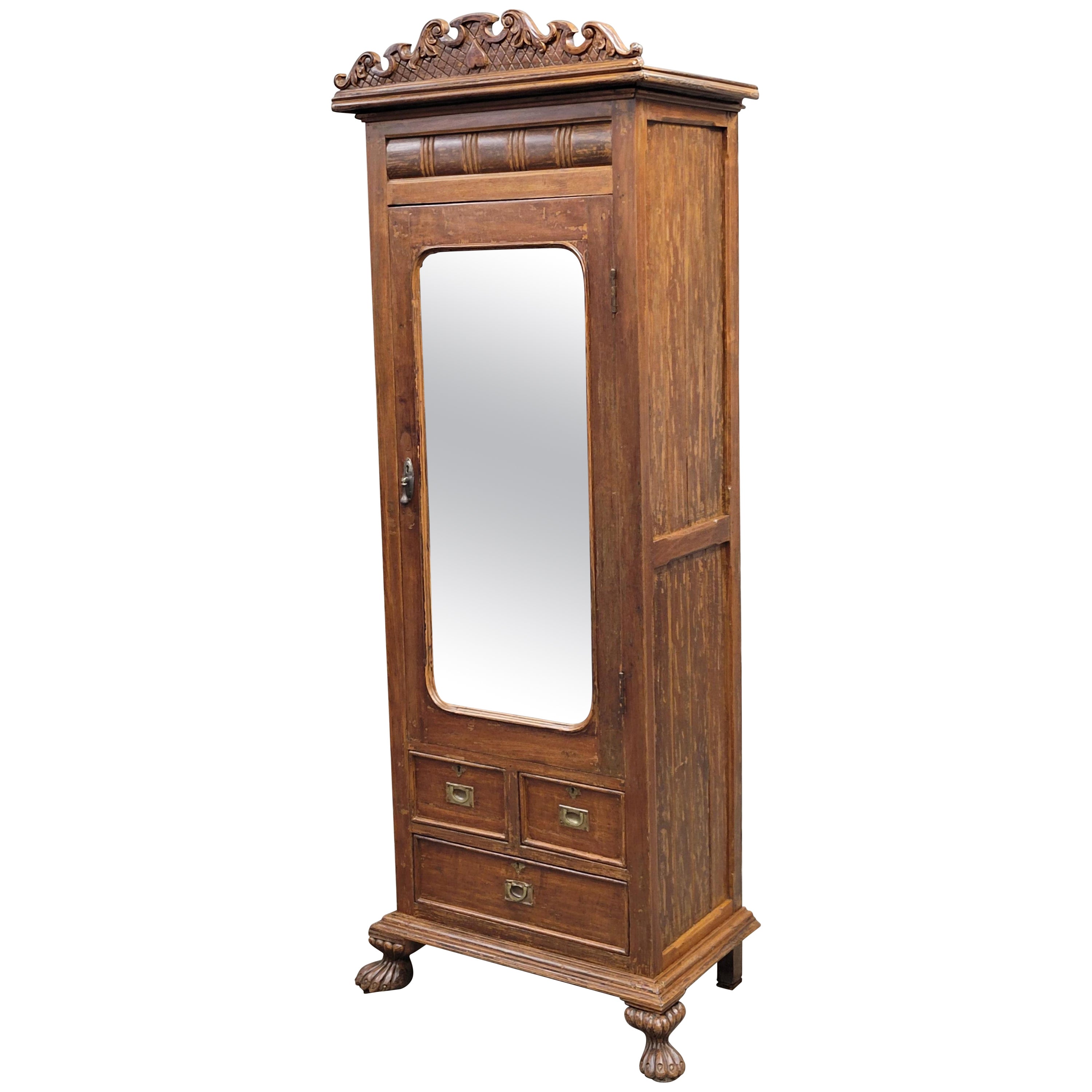 Antique Anglo Indian Teak Petite Armoire Cupboard With Mirror For Sale