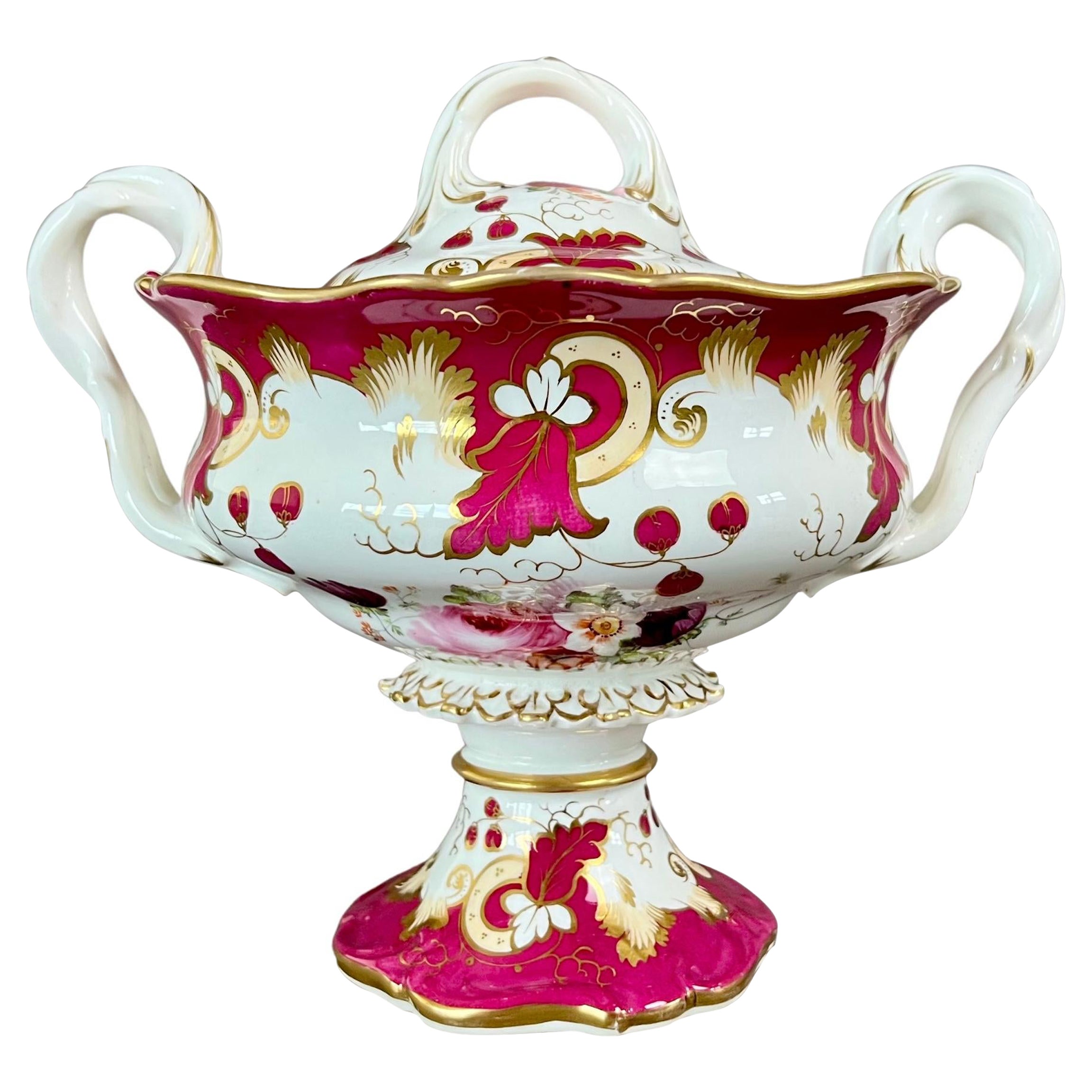 Samuel Alcock Footed Porcelain Sauce Tureen, Maroon with Flower Sprays, ca 1842 For Sale
