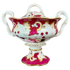 Samuel Alcock Footed Porcelain Sauce Tureen, Maroon with Flower Sprays, ca 1842