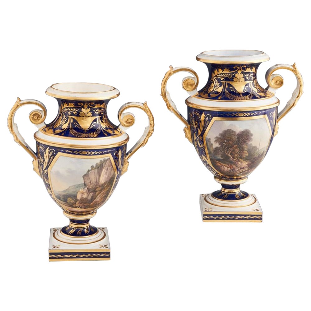 Derby Porcelain Twin Handled Urn Vases c1830