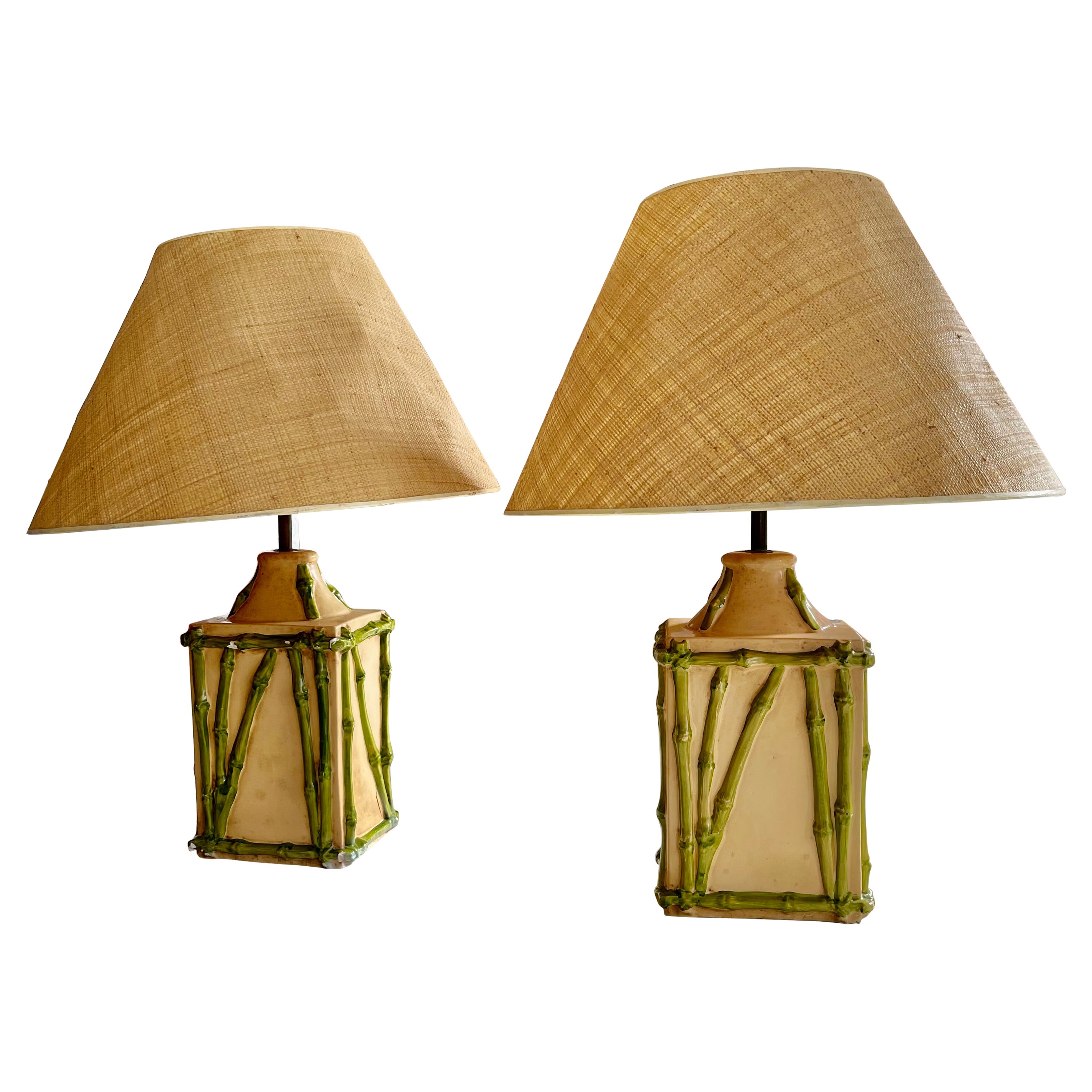 Faux Bamboo French Ceramic Table Lamp Pair , French 1970 For Sale