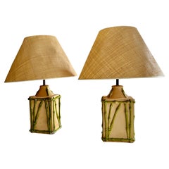 Faux Bamboo French Ceramic Table Lamp Pair , French 1970