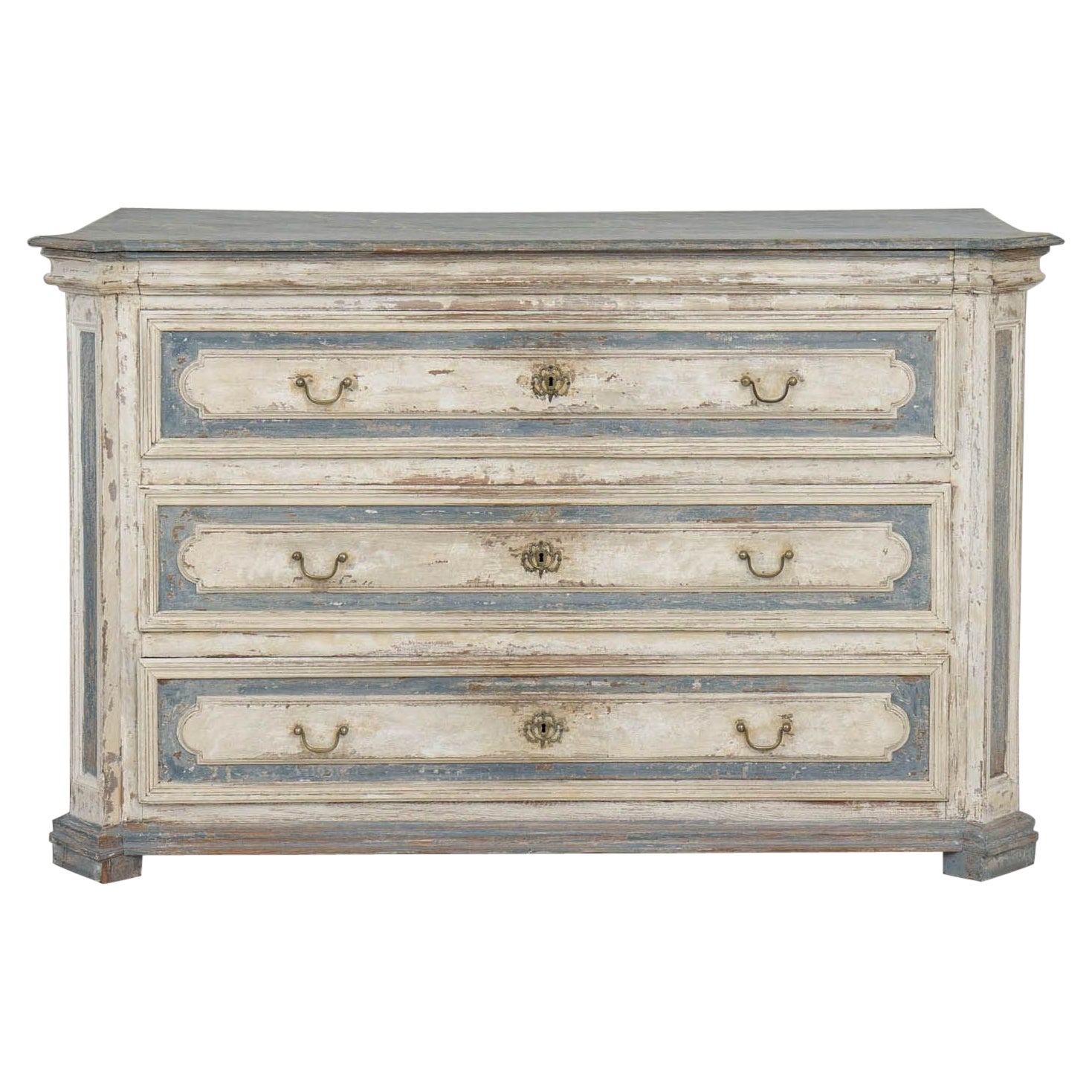 18th c. French Large Painted Commode with Hand-Painted Marbleized Top