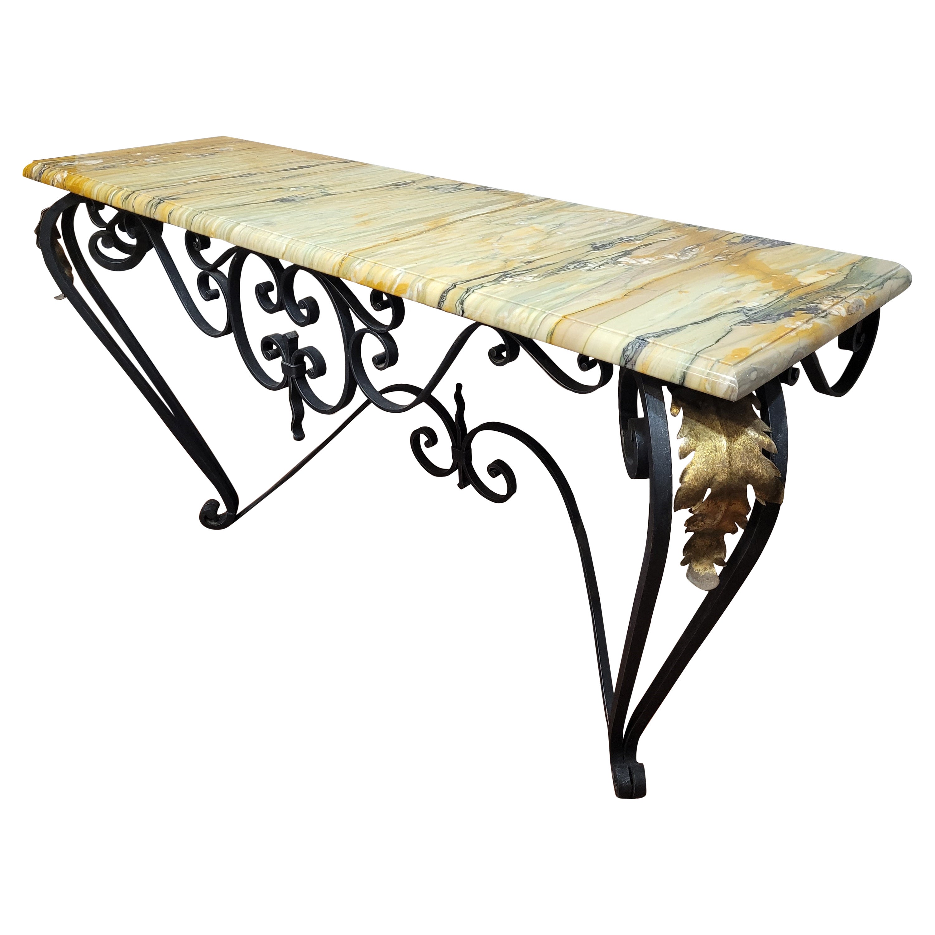 Art Nouveau French Yellow Marble wrought iron Console Table For Sale