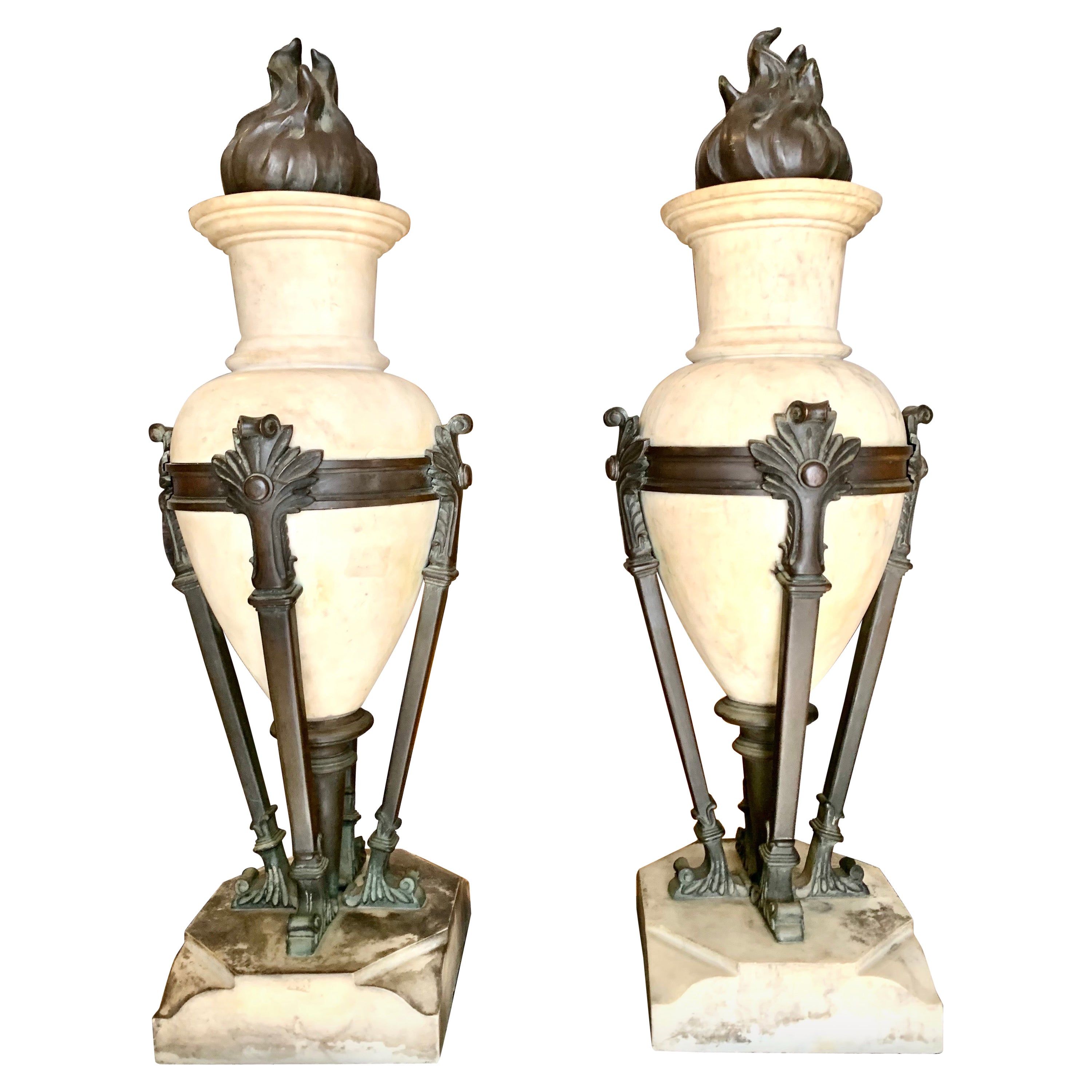 Pair 20th Century Art Deco Marble and Bronze Urns Vases  For Sale