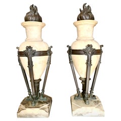 Pair 20th Century Art Deco Marble and Bronze Urns Vases 