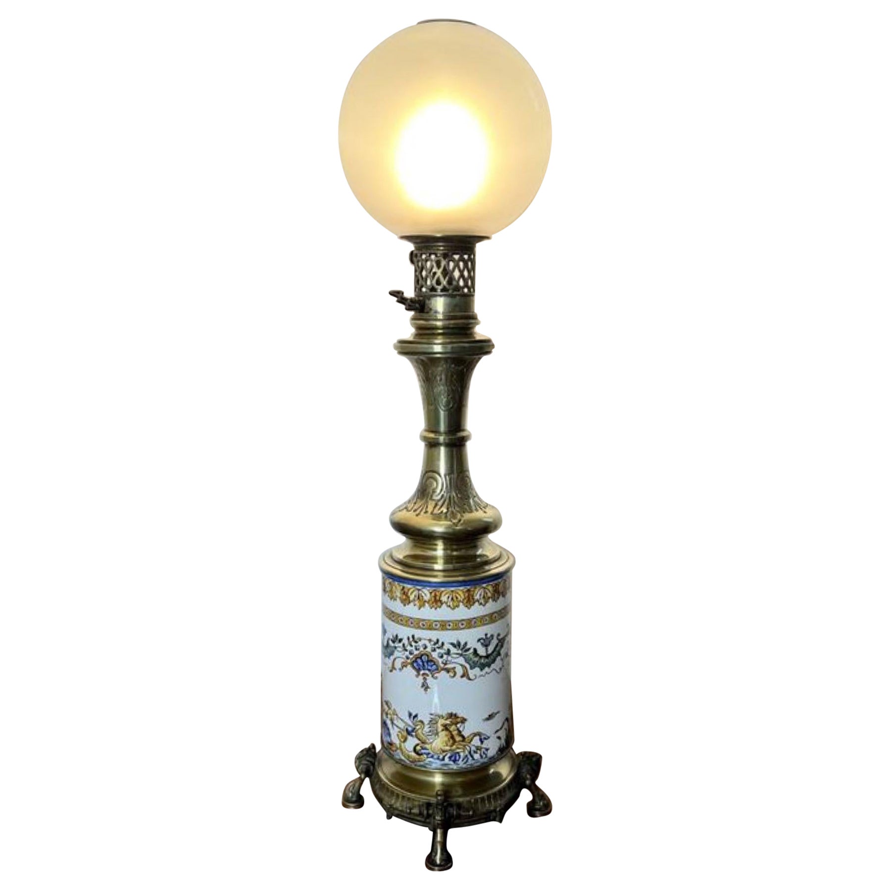 Quality antique Victorian ceramic and brass lamp