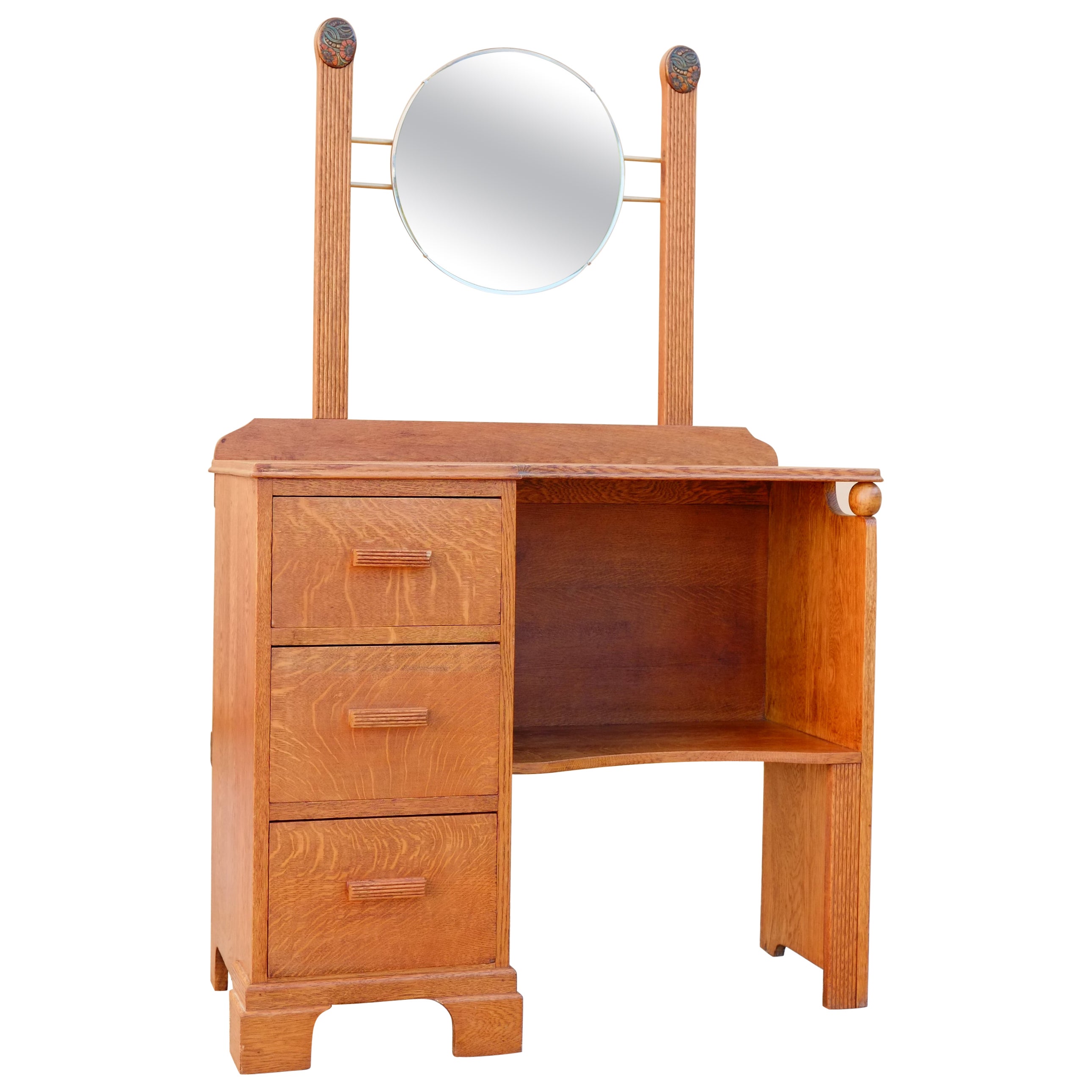 English Art Nouveau 1920s Solid Oak Dressing Table with Mirror 