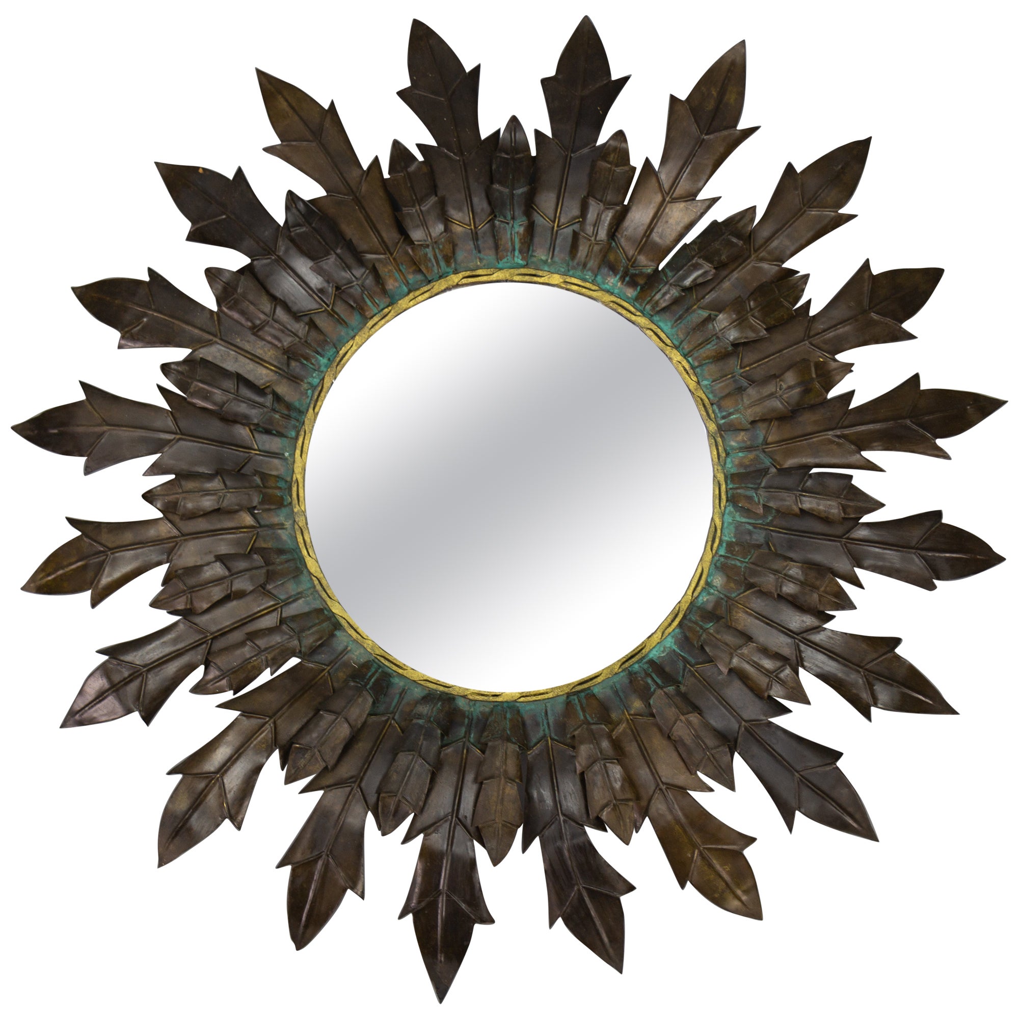 Mid-Century Modern Copper Sheet and Brass Round Sunburst Wall Mirror, 1950s For Sale