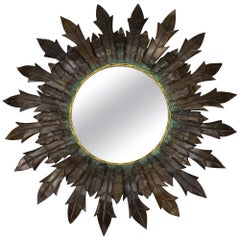 Retro Mid-Century Modern Copper Sheet and Brass Round Sunburst Wall Mirror, 1950s