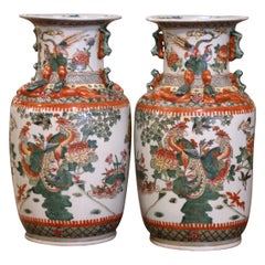 Pair of Mid-Century Chinese Hand Painted Porcelain Vases with Bird Motifs